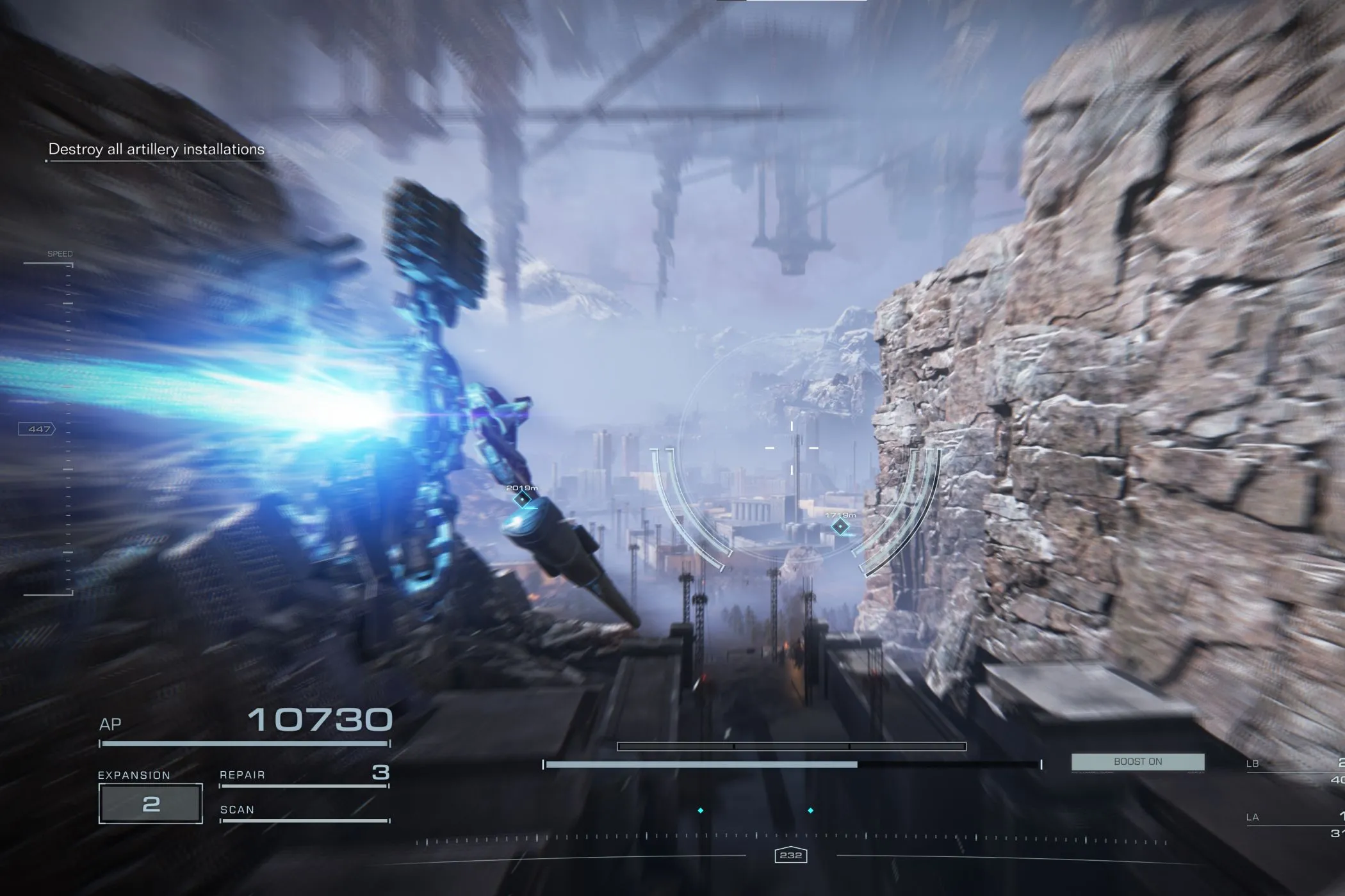Ảnh chụp màn hình trong game Armored Core 6, minh họa hiệu ứng đồ họa có thể tối ưu.