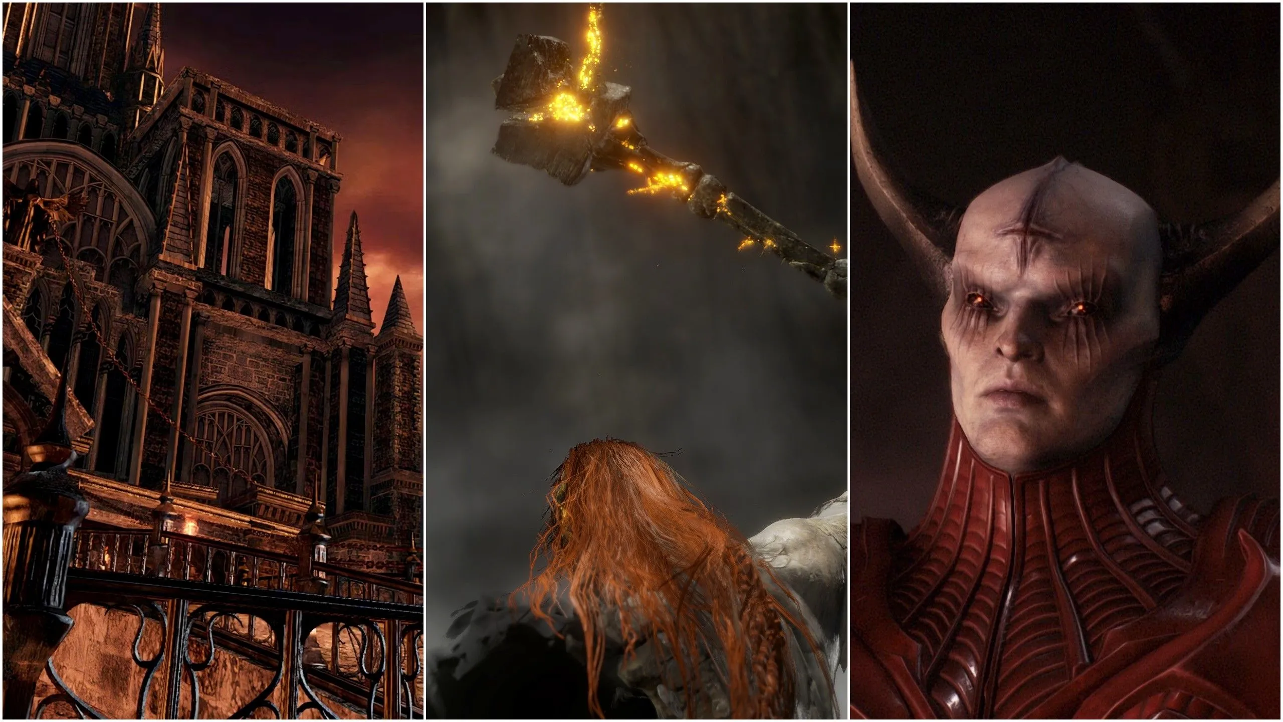 Ảnh chụp màn hình từ Dark Souls 2, Elden Ring, Doom: The Dark Ages, minh họa game hành động mạnh mẽ.