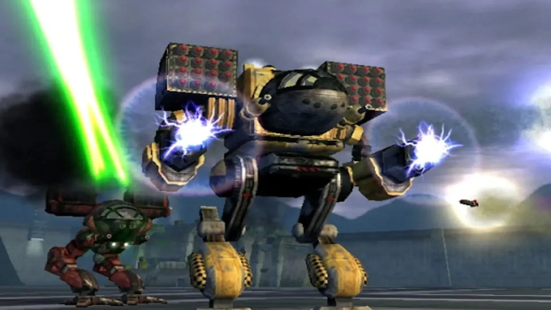 Ảnh chụp màn hình từ game MechAssault với hai cỗ máy chiến đấu mech khổng lồ đang giao tranh dữ dội, thể hiện lối chơi hành động của series này