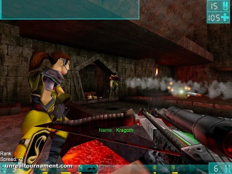 Ảnh chụp màn hình từ Unreal Tournament hiển thị một cuộc đấu súng căng thẳng giữa các nhân vật trong một đấu trường futuristik