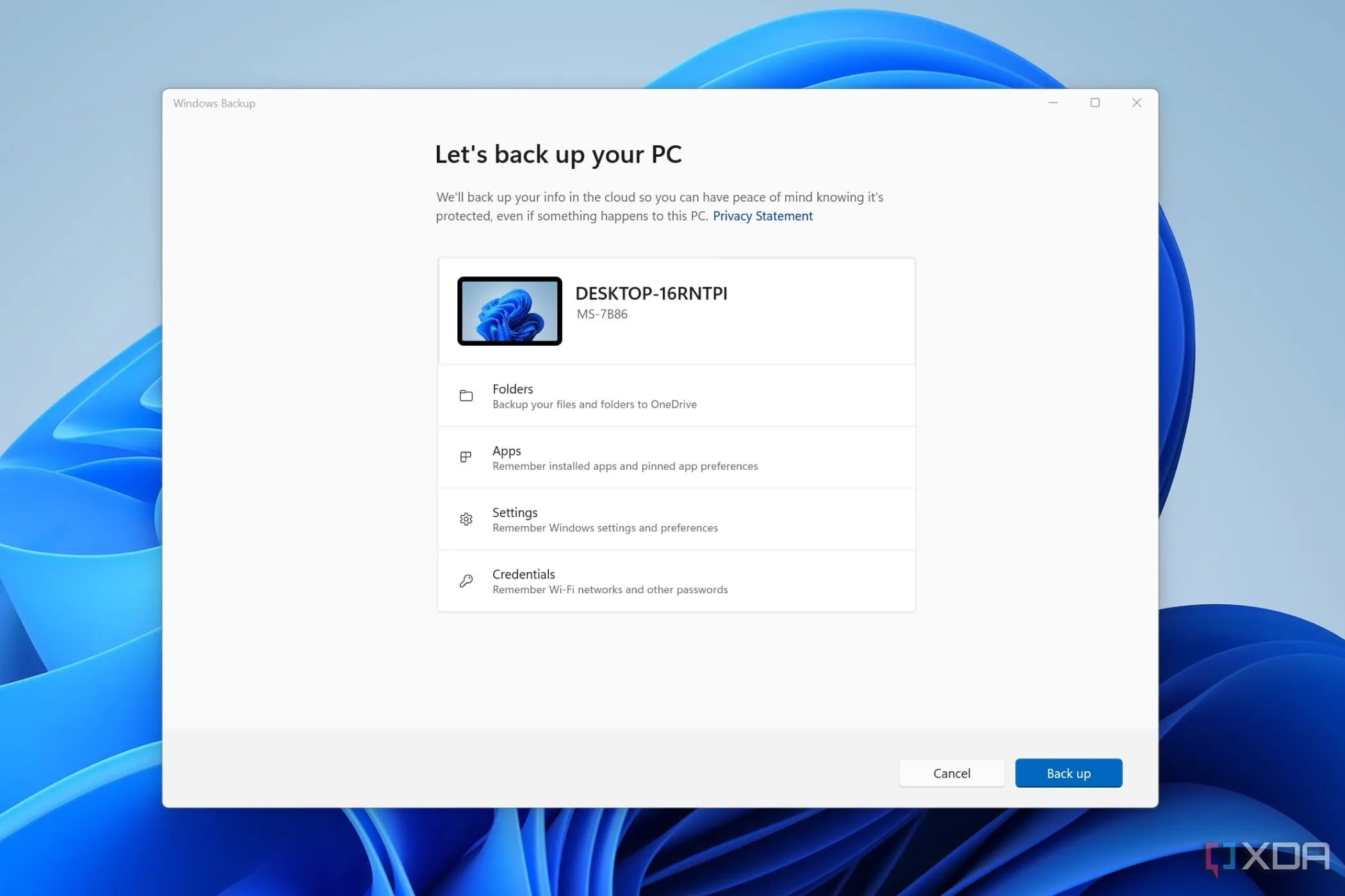 Ảnh chụp màn hình ứng dụng Windows Backup