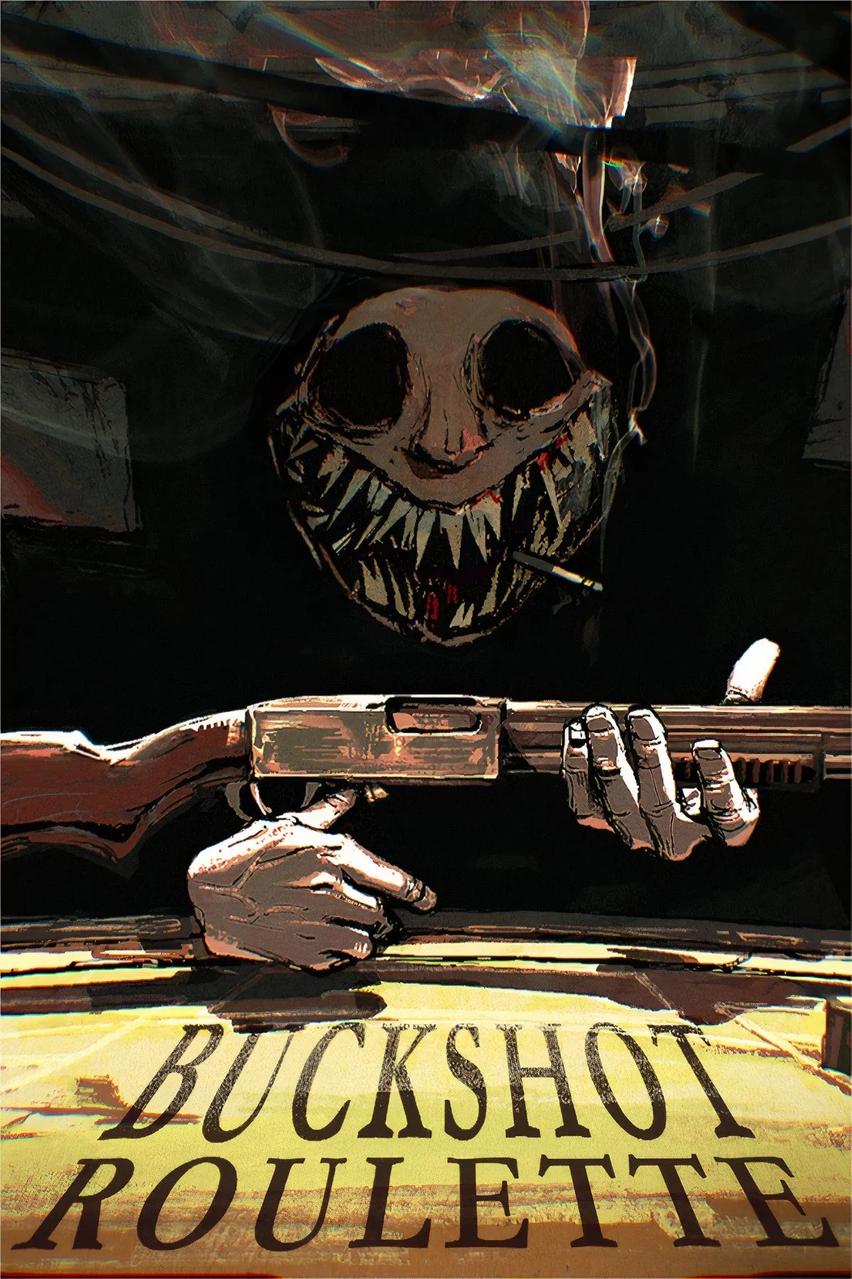 Ảnh gameplay Buckshot Roulette với không khí u ám và đối thủ đáng sợ.
