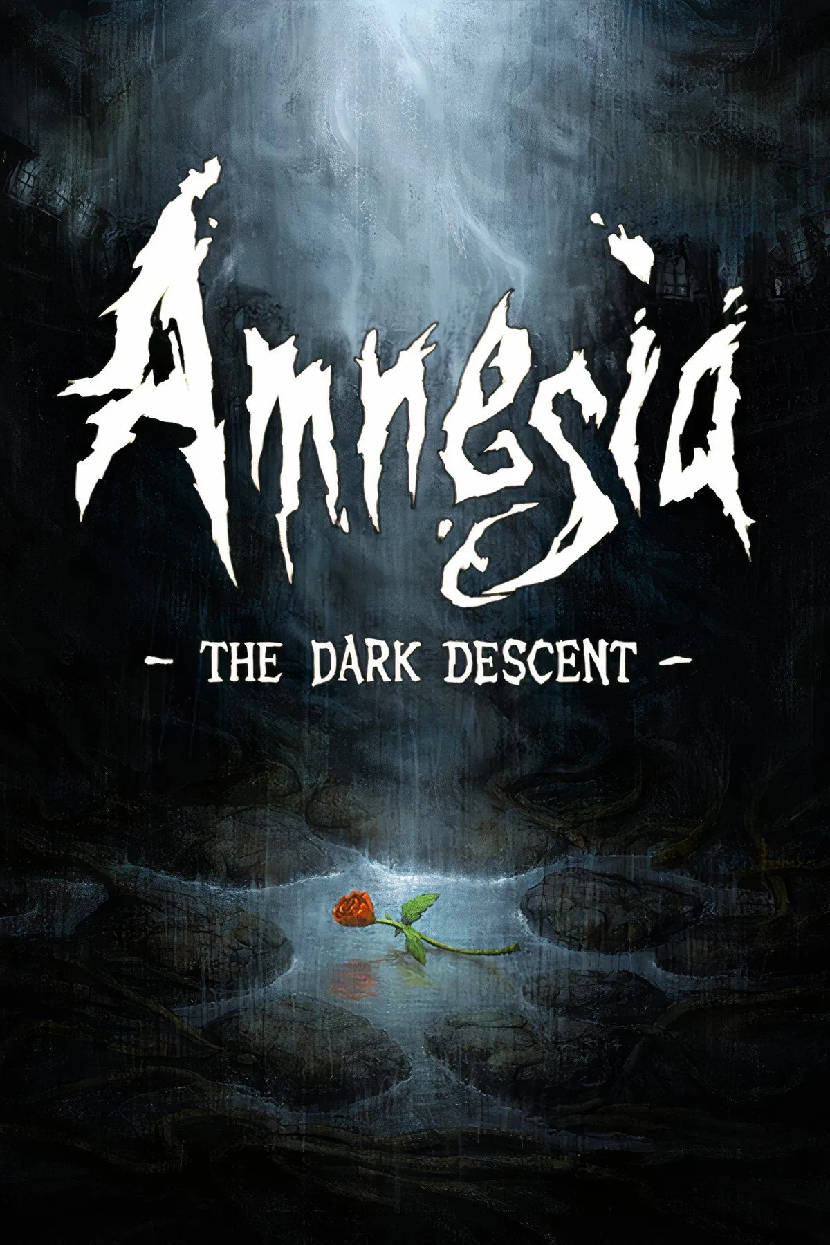 Ảnh ghép các cảnh kinh dị trong Amnesia The Dark Descent, với nhân vật chính đang chạy trốn trong bóng tối và quái vật ẩn hiện