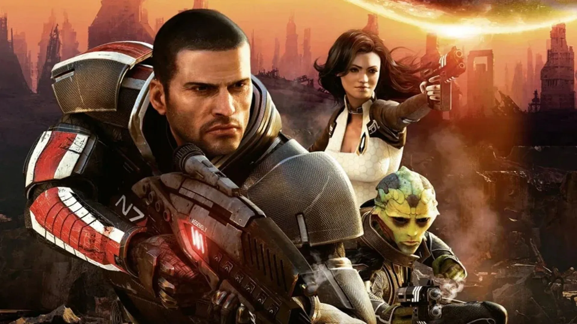 Ảnh quảng bá game Mass Effect 2 với Commander Shepard và các thành viên phi hành đoàn Normandy SR-2 sẵn sàng cho nhiệm vụ