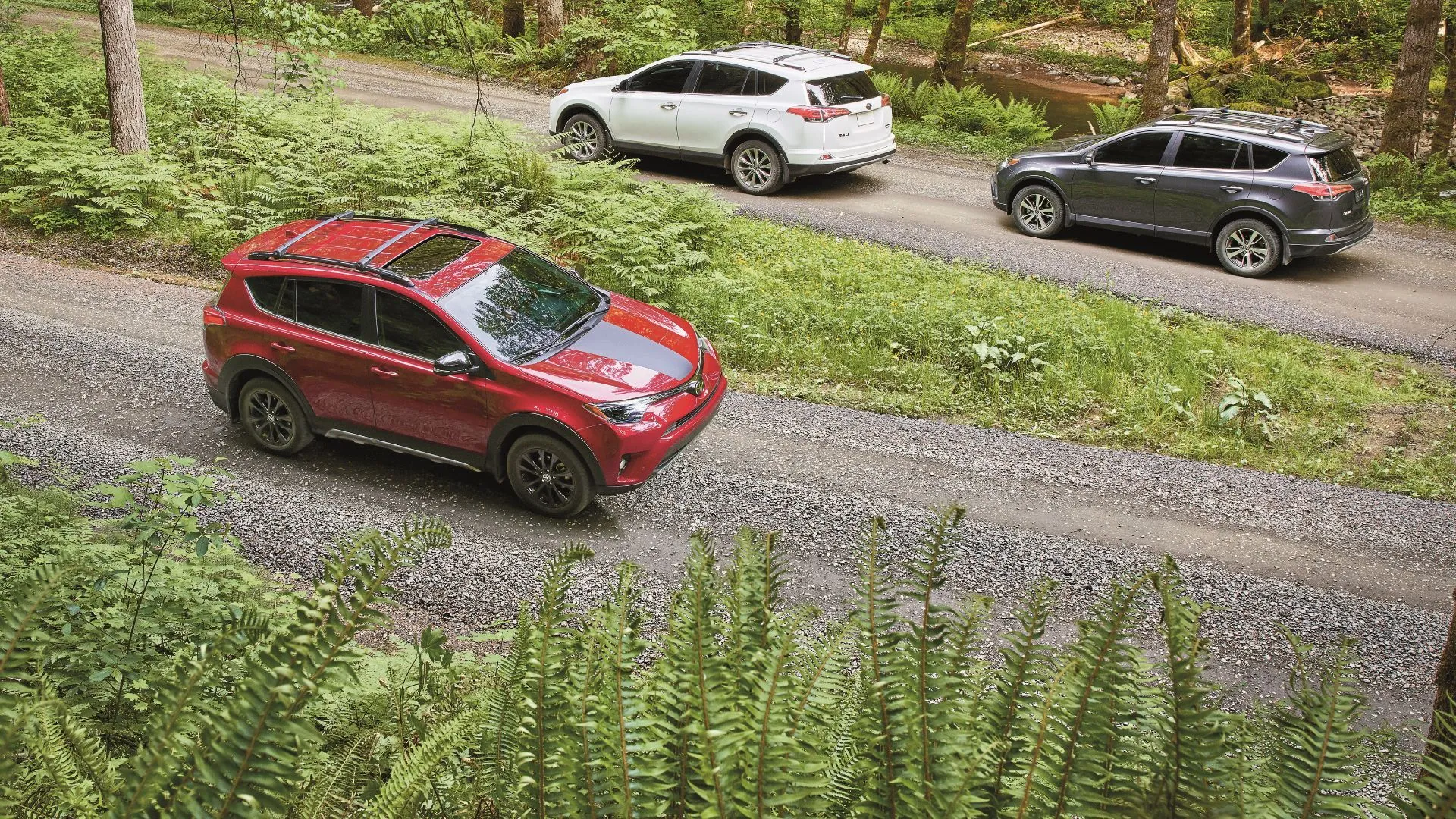 Ba chiếc Toyota RAV4 2018 cùng đỗ trên một con đường mòn ở nông thôn, thể hiện sự phổ biến và tính cộng đồng của mẫu xe.