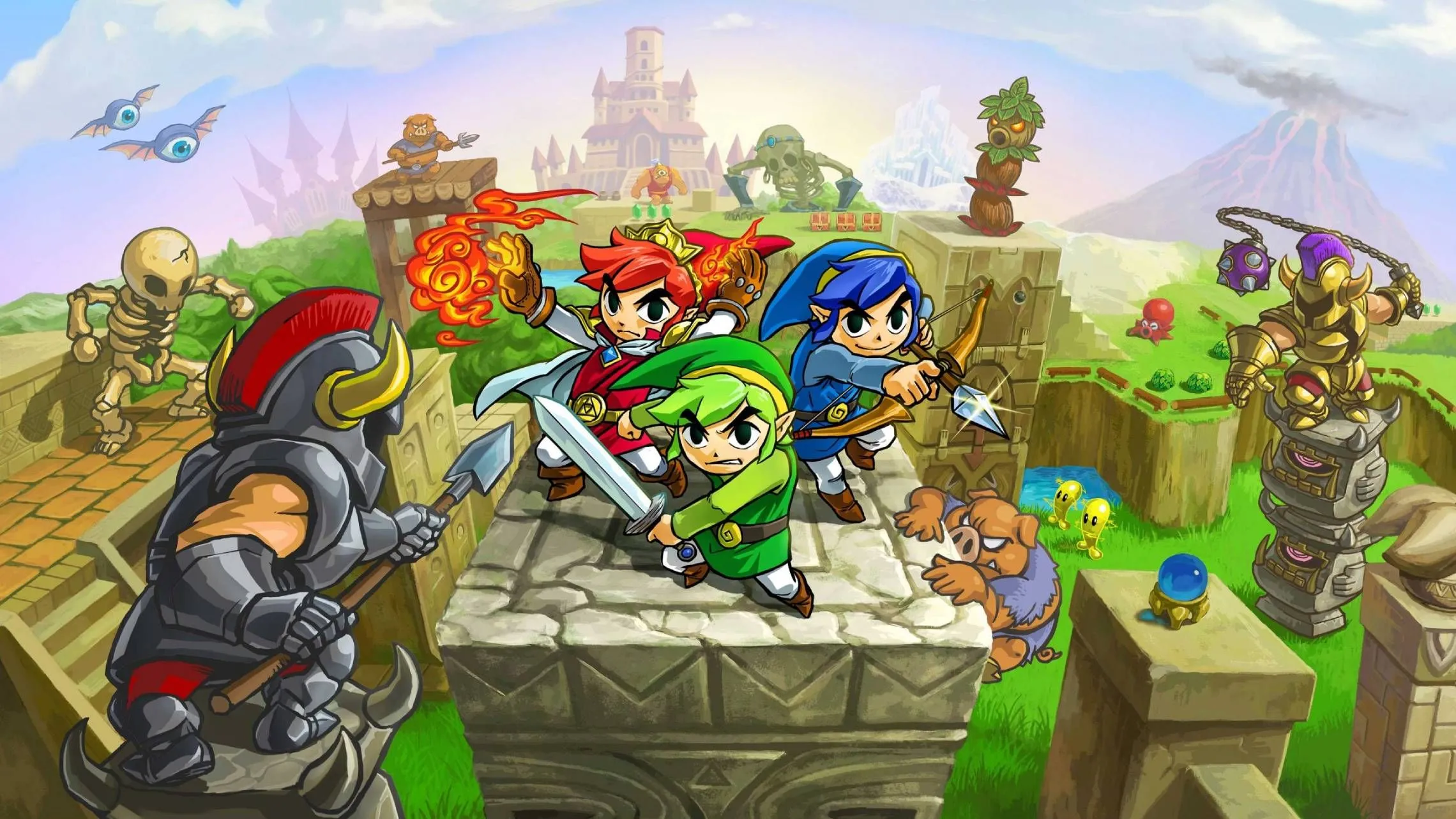 Ba Link xếp chồng lên nhau để giải đố trong The Legend of Zelda: Tri Force Heroes