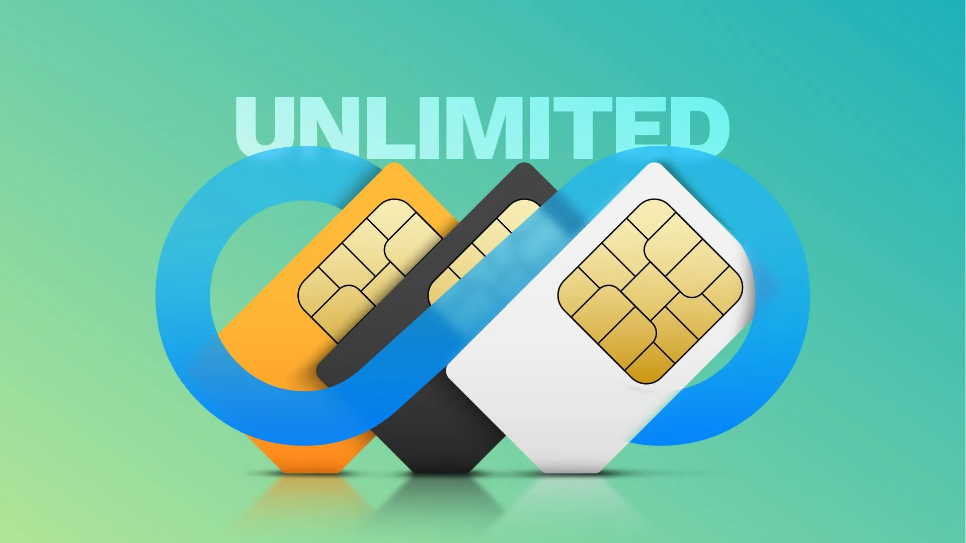 Ba thẻ SIM cạnh nhau, phủ lên bởi biểu tượng vô cực và chữ &quot;Unlimited&quot; ở nền, biểu thị tiềm năng của gói dữ liệu không giới hạn