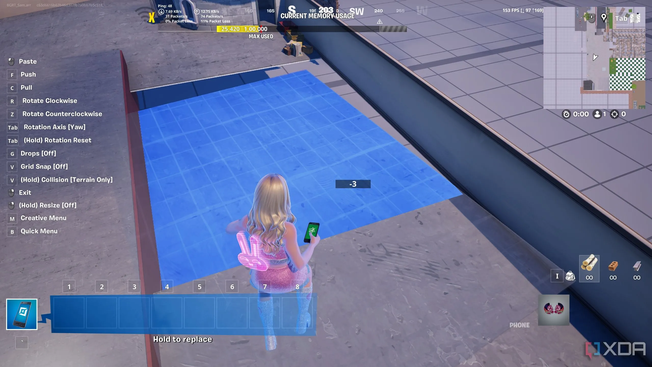 Bản đồ tùy chỉnh đang phát triển trong Fortnite Creative, thể hiện các ô sàn bị lệch khi xây dựng không chính xác