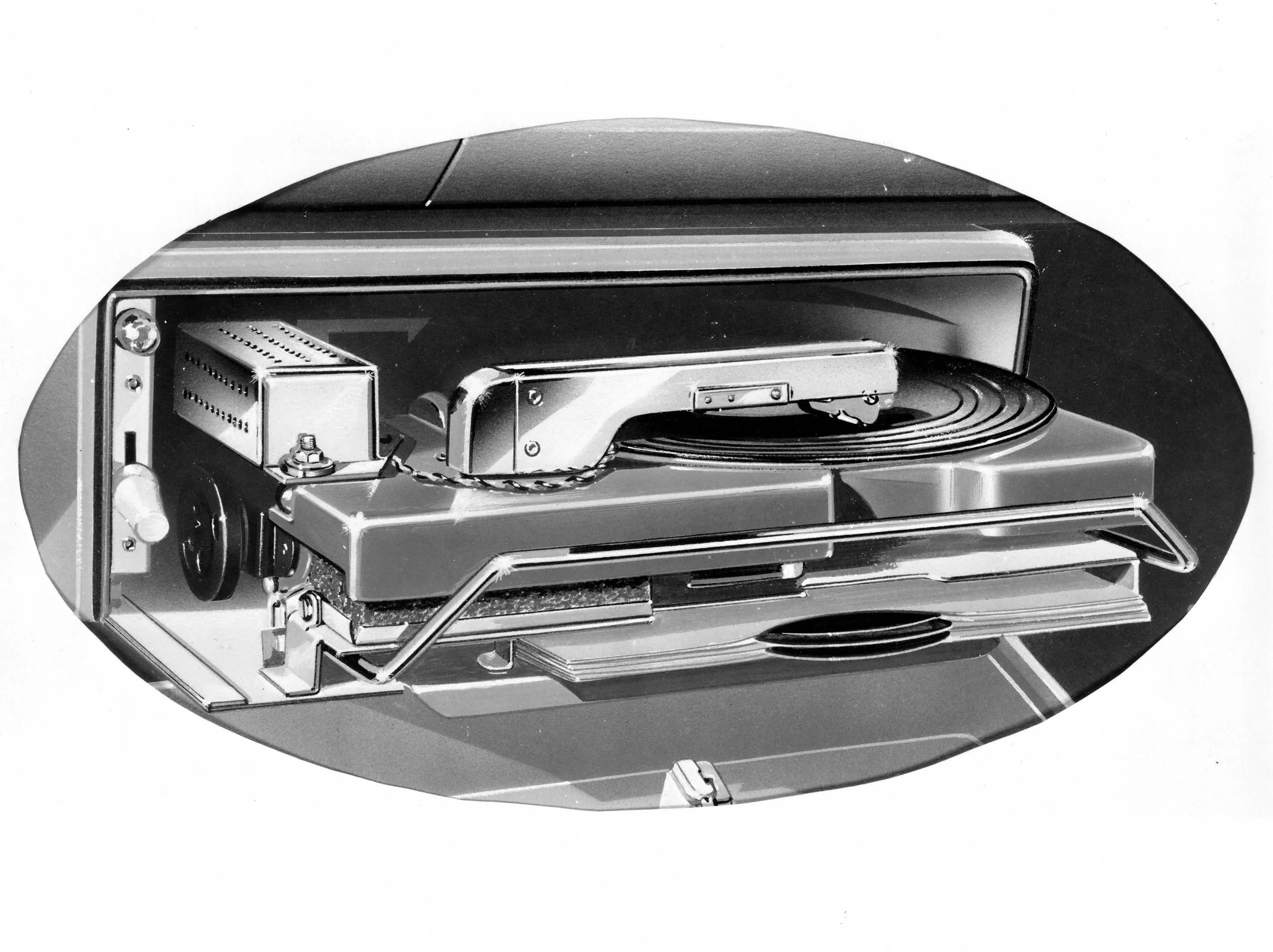 Bản vẽ kỹ thuật minh họa kim đọc và bút cảm ứng nặng của Highway Hi-Fi, giải pháp cho việc chơi đĩa than trên ô tô.