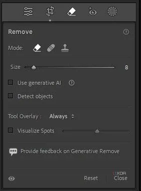 Bảng điều khiển công cụ xóa điểm ảnh (Spot Removal) trong Adobe Lightroom