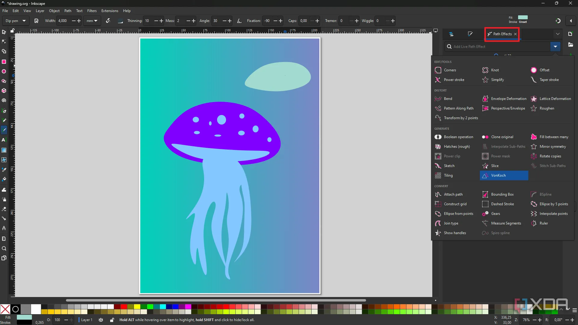 Bảng điều khiển Live Path Effects (LPEs) trong Inkscape áp dụng hiệu ứng biến dạng không phá hủy lên hình minh họa sứa, giúp thử nghiệm thiết kế linh hoạt.