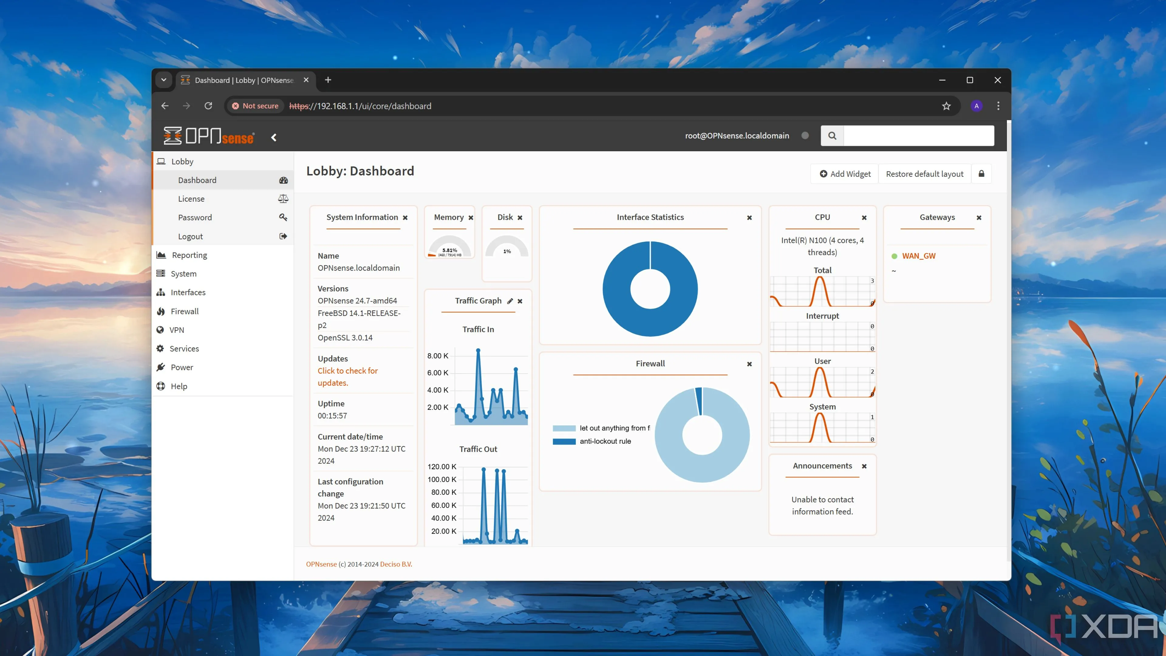 Bảng điều khiển tổng quan (Dashboard) của OPNsense, hiển thị trạng thái hoạt động và các cài đặt mạng quan trọng