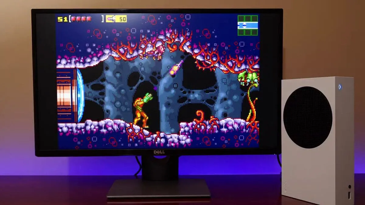 Bảng điều khiển Xbox Series S chạy giả lập RetroArch, minh họa khả năng chơi game retro trên nhiều nền tảng.