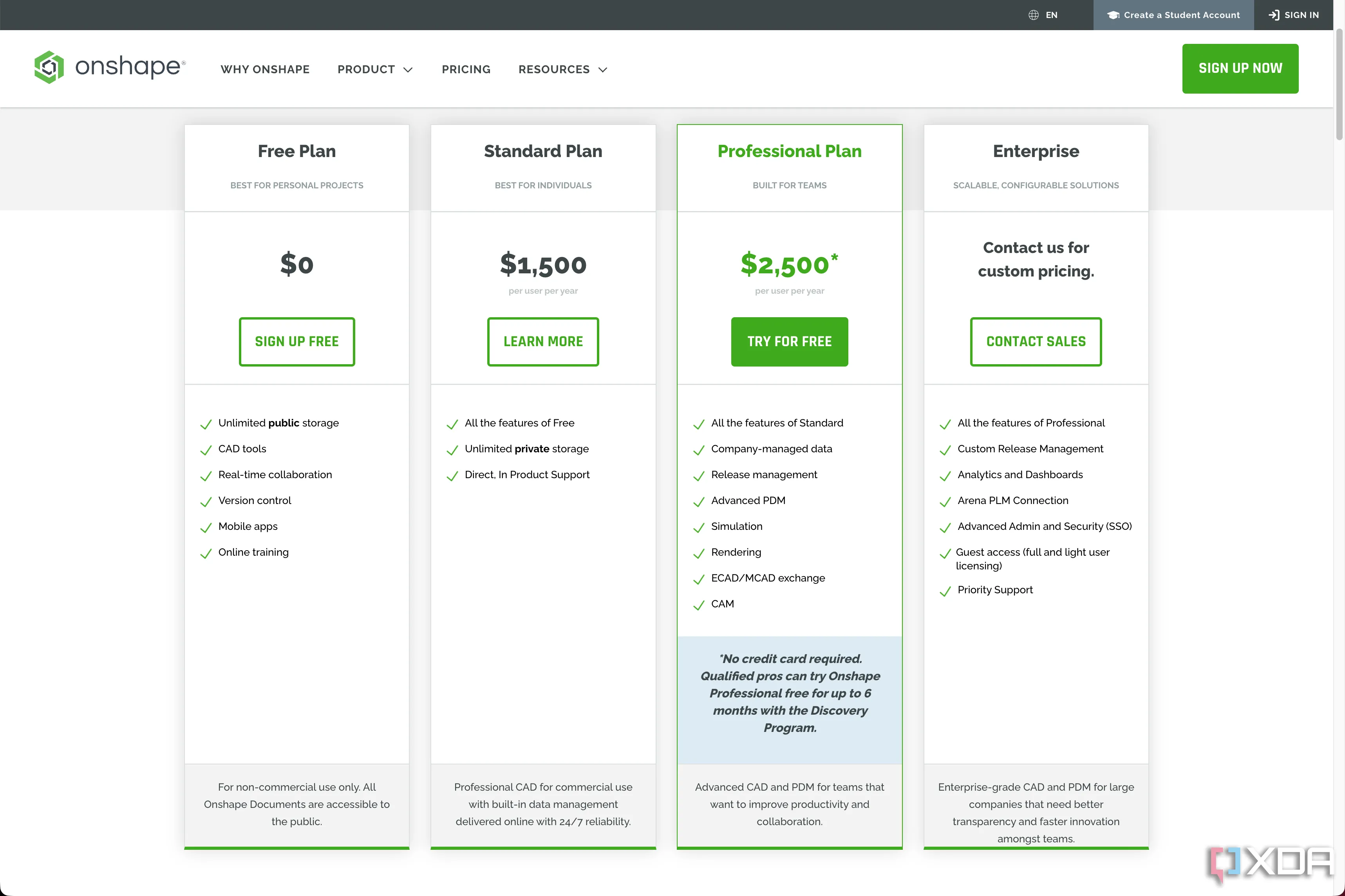 Bảng giá các gói dịch vụ của Onshape, bao gồm cả tùy chọn miễn phí cho người dùng cá nhân và các gói trả phí cho doanh nghiệp