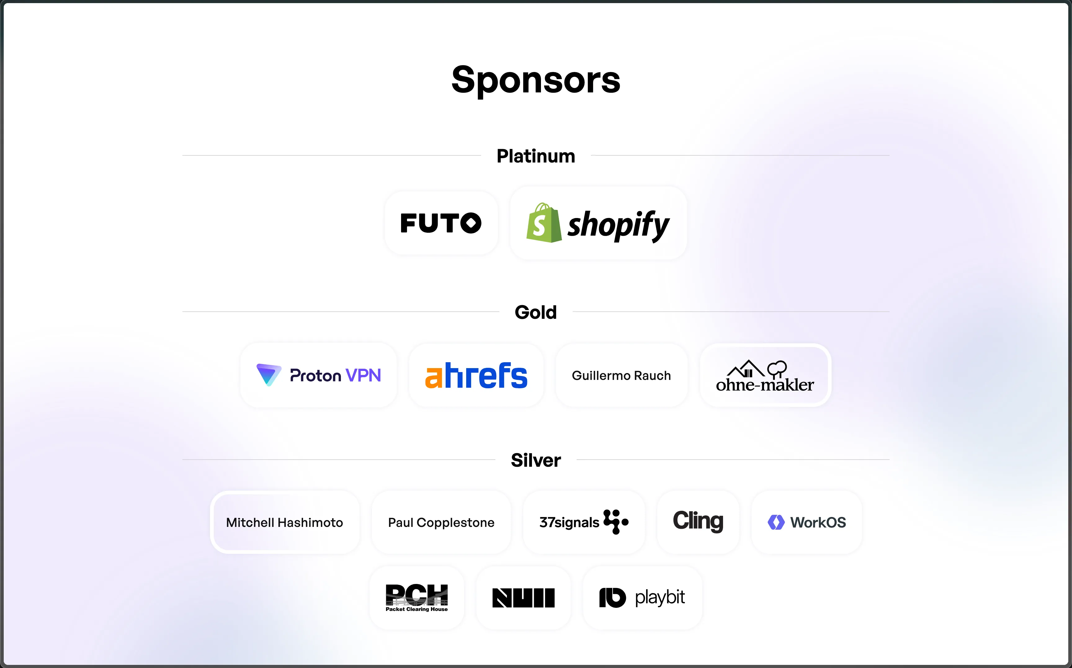 Bảng hiển thị các cấp độ tài trợ và danh sách các đối tác công nghệ lớn như FUTO, Shopify, Proton VPN đang hỗ trợ phát triển trình duyệt Ladybird mã nguồn mở
