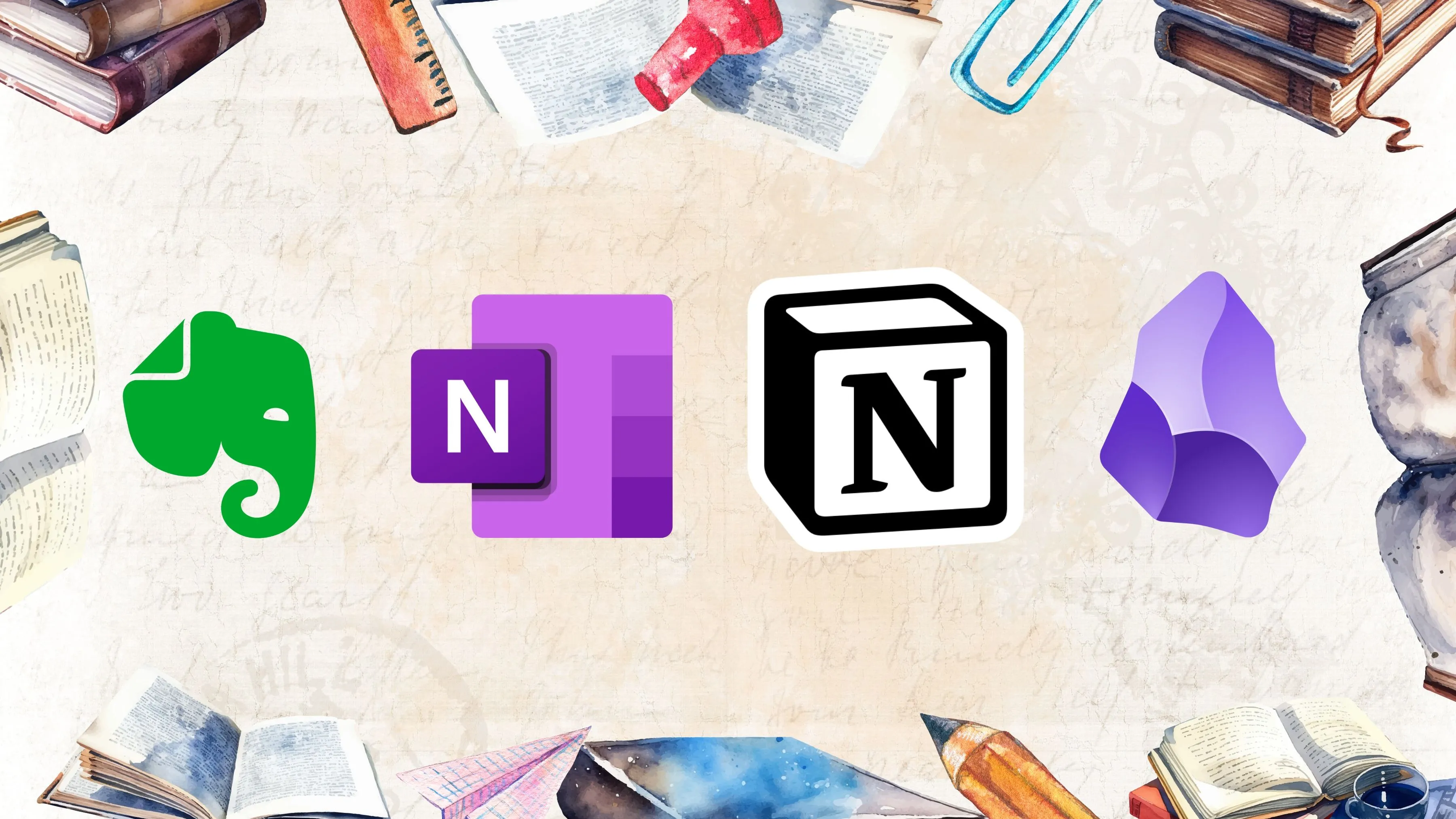 Bảng so sánh các ứng dụng ghi chú hàng đầu như Notion, Obsidian, OneNote và Evernote, thể hiện sự đa dạng của thị trường
