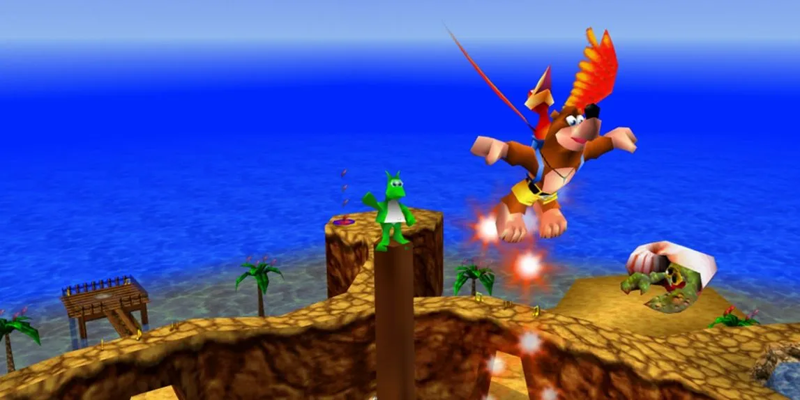 Banjo-Kazooie nhảy để lấy một Jinjo trong một môi trường game tươi sáng