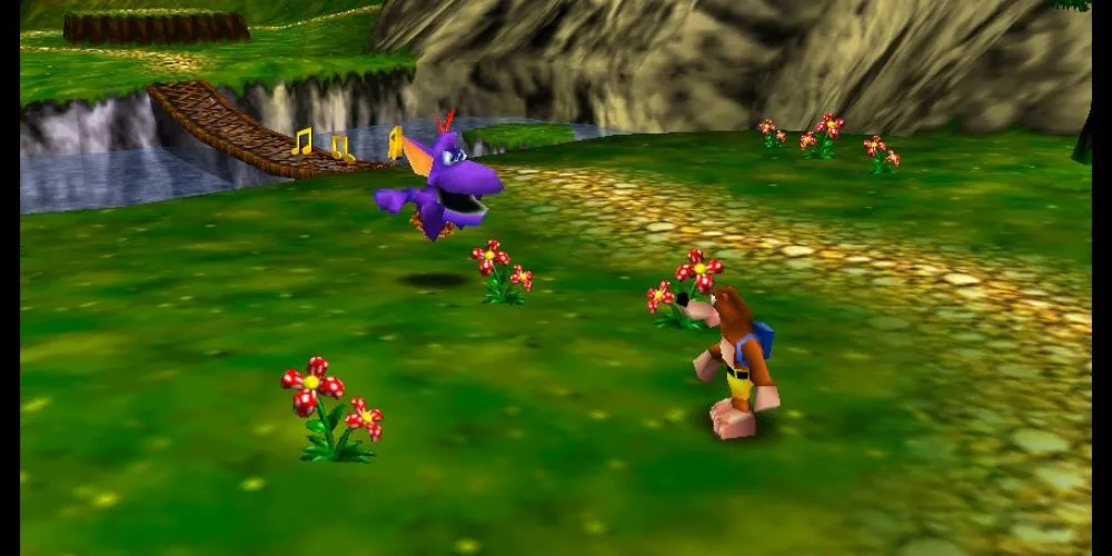 Banjo thư giãn gần một sinh vật màu tím trong một cánh đồng tươi tốt trong Banjo-Kazooie