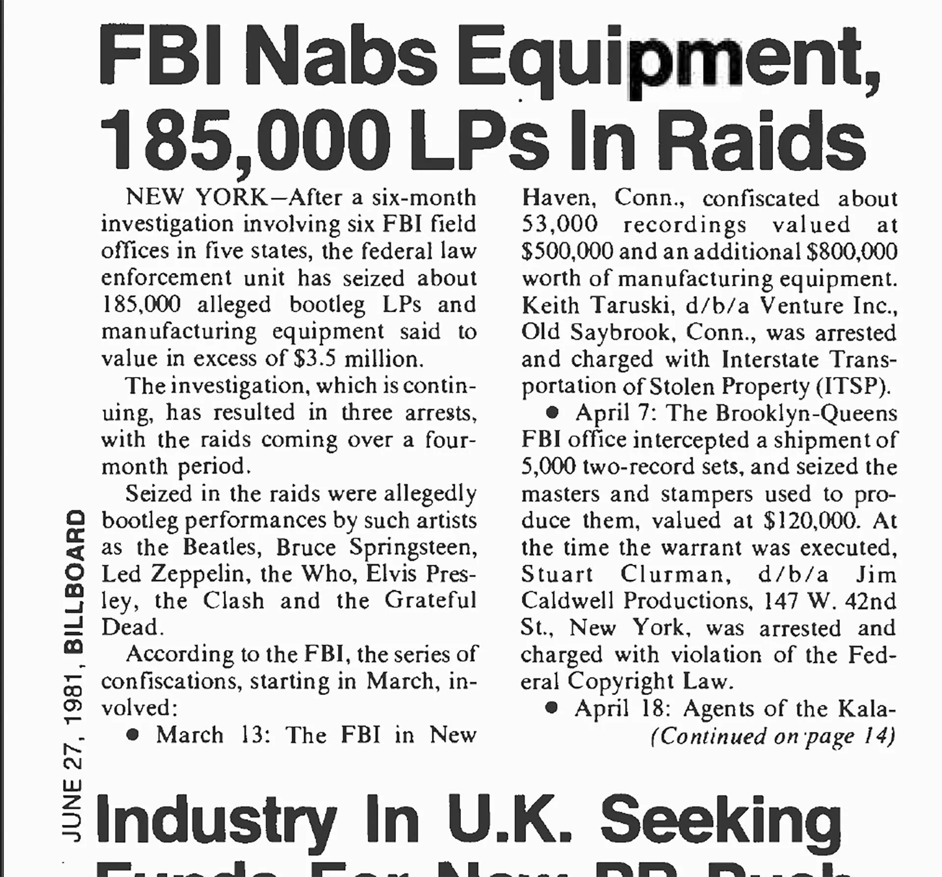 Báo Billboard năm 1981 ghi nhận vụ FBI đột kích Keith Taruski với Venture Inc.
