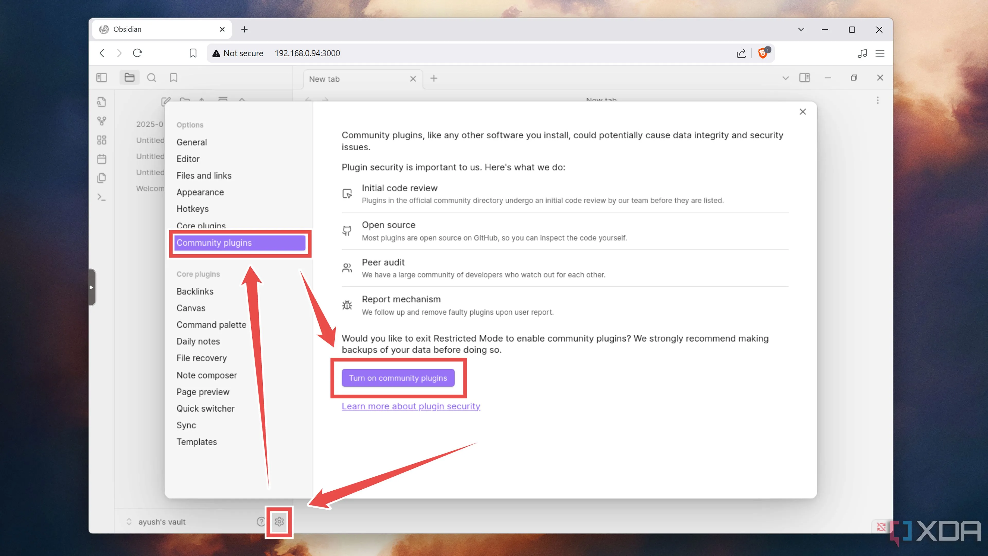 Bật tính năng Community plugins trong cài đặt Obsidian