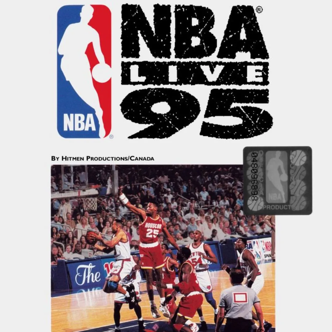 Bìa đĩa game NBA Live 95 với logo game và hình ảnh cầu thủ bóng rổ trên sân đấu