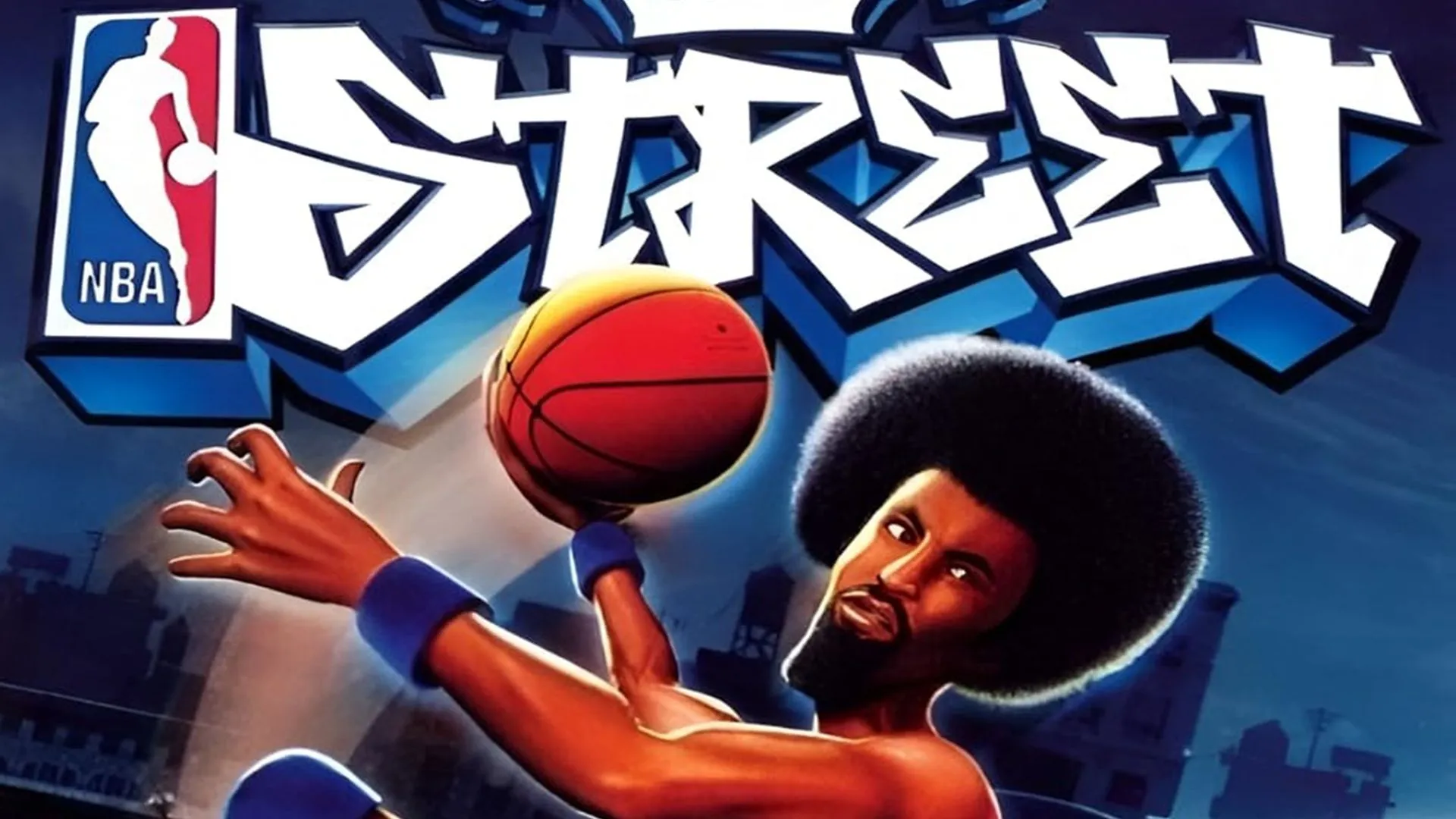 Bìa đĩa game NBA Street với các cầu thủ bóng rổ đường phố đang thực hiện động tác kỹ thuật