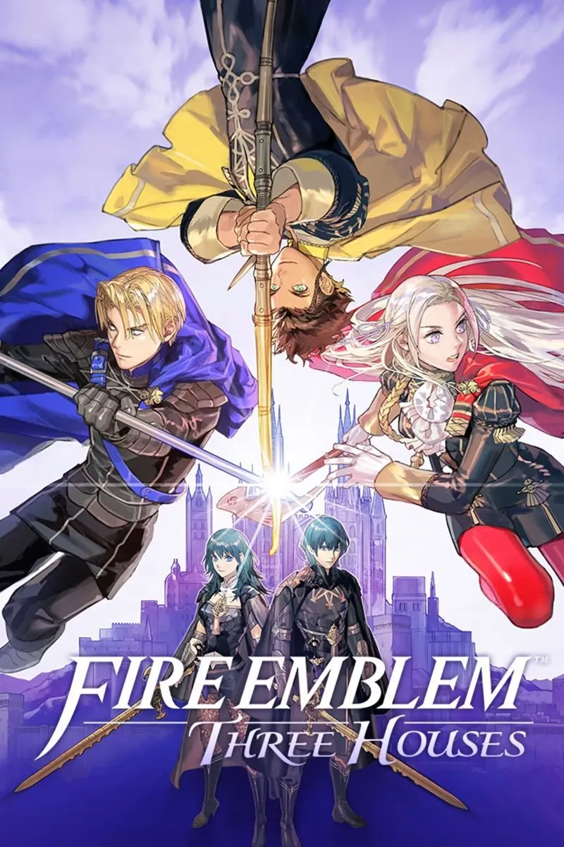 Bìa game Fire Emblem: Three Houses với các nhân vật chính và các ngôi nhà