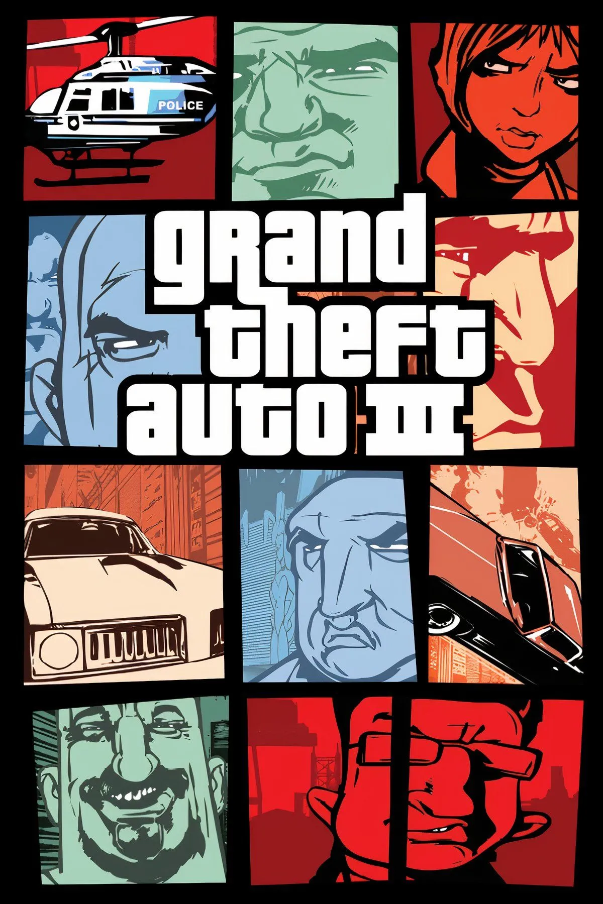 Bìa game Grand Theft Auto III (GTA III) với nhân vật chính Claude đứng trước bối cảnh thành phố Liberty City sôi động