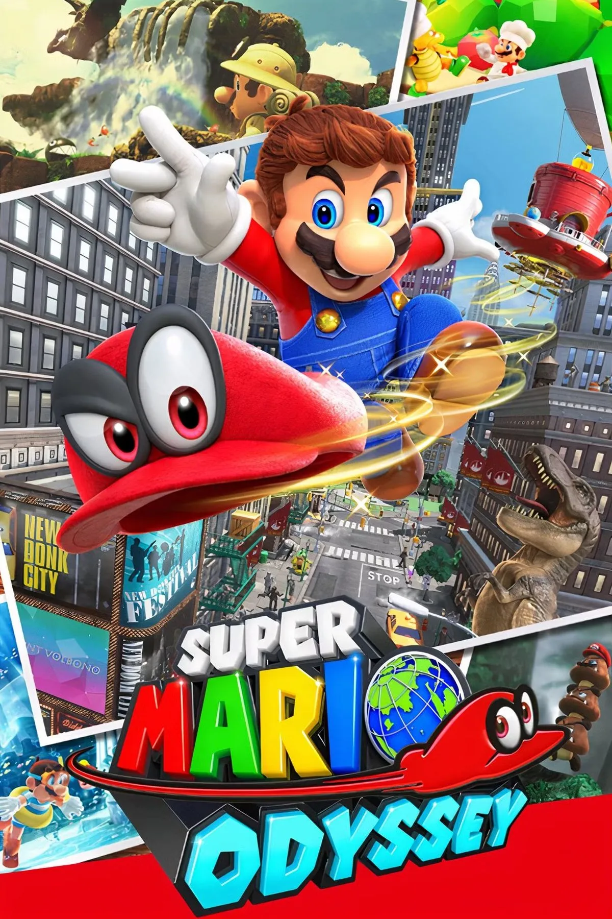 Bìa game Super Mario Odyssey với Mario cùng Cappy khám phá thế giới