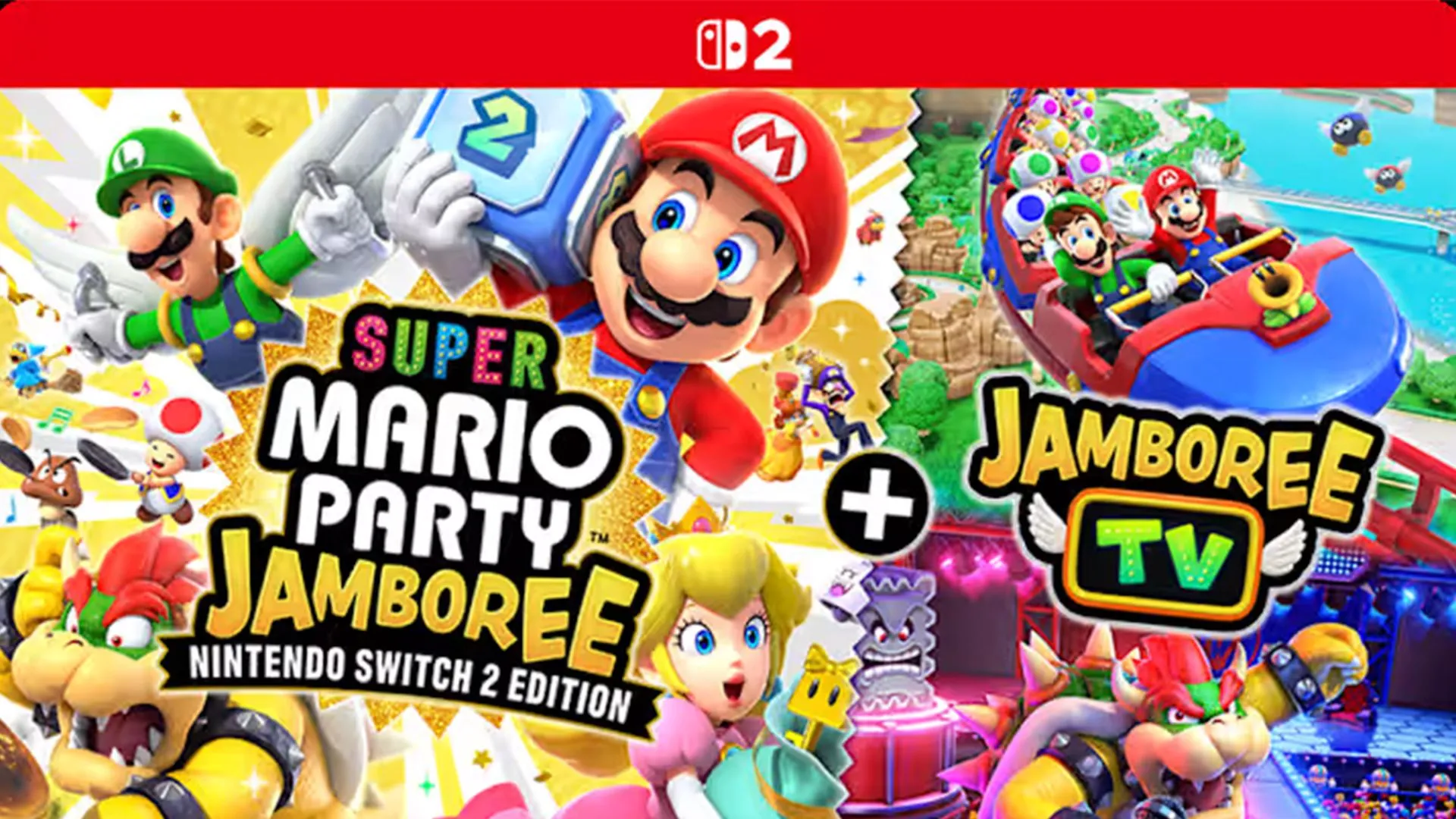 Bìa game Super Mario Party Jamboree – Nintendo Switch 2 Edition + Jamboree TV, một trong những tựa game đầu tiên có phiên bản nâng cấp.