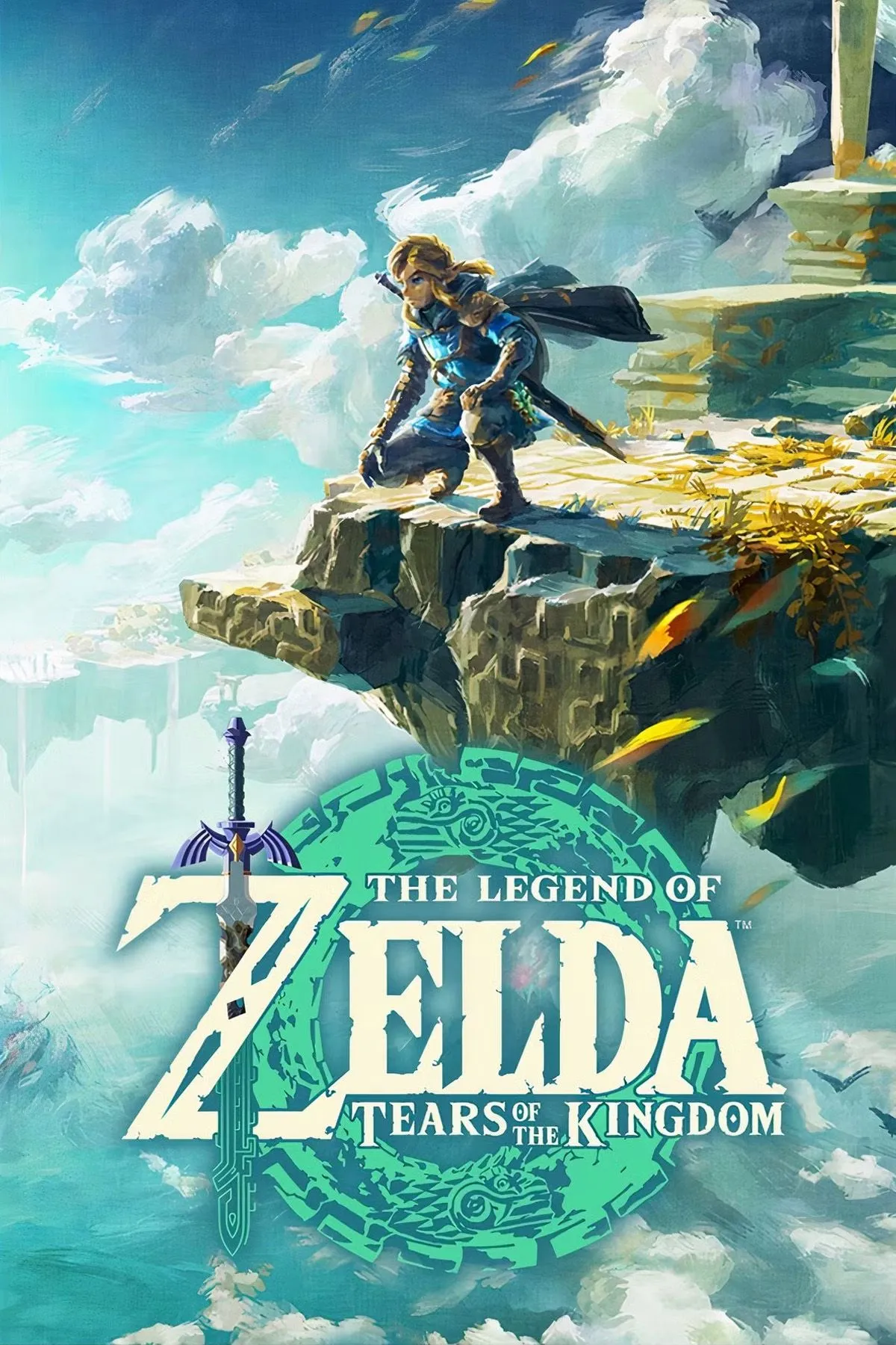 Bìa game The Legend of Zelda: Tears of the Kingdom với Link và các hòn đảo trên bầu trời Hyrule