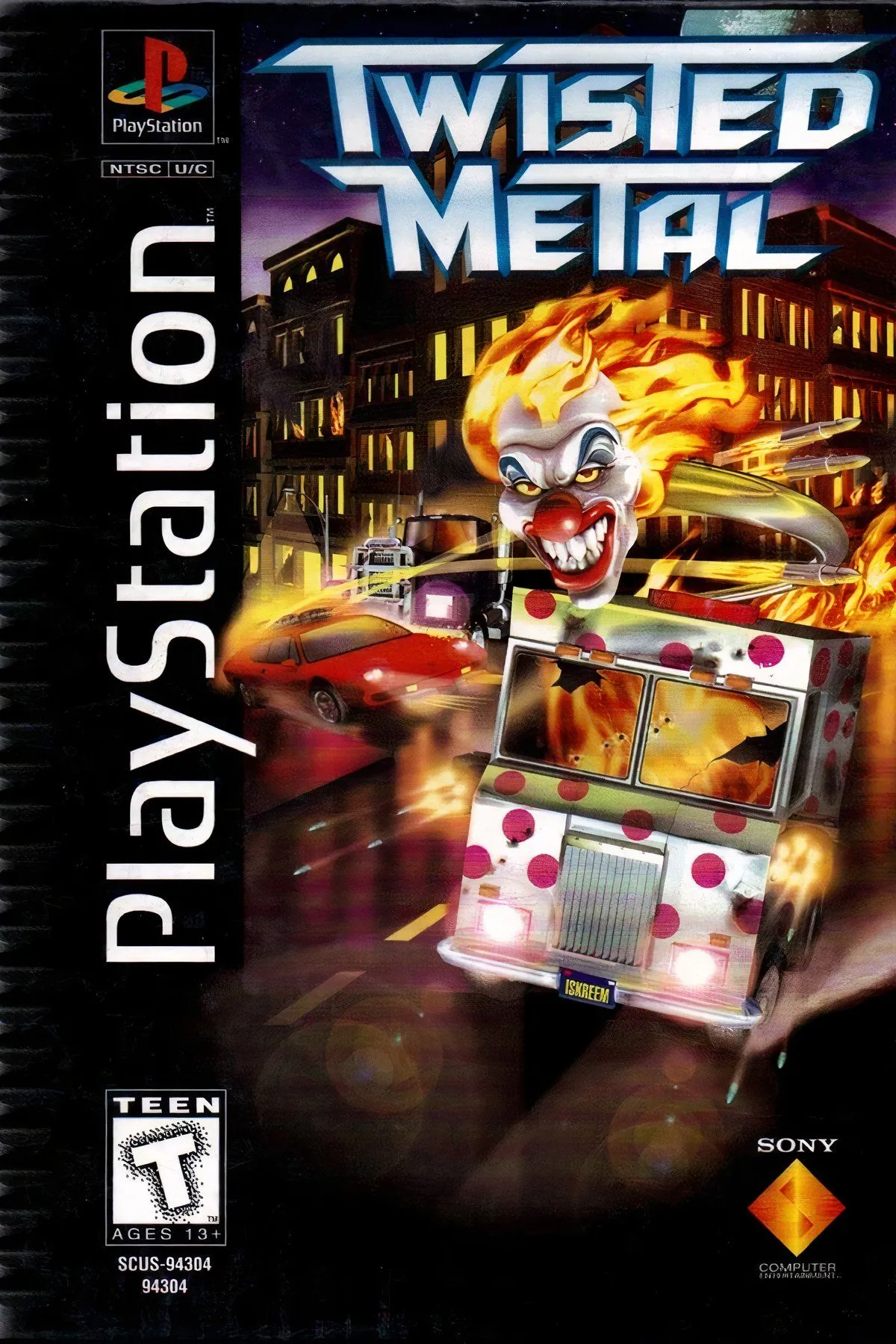 Bìa game Twisted Metal bản Long Box trên PS1, biểu tượng của thể loại chiến đấu xe cộ.