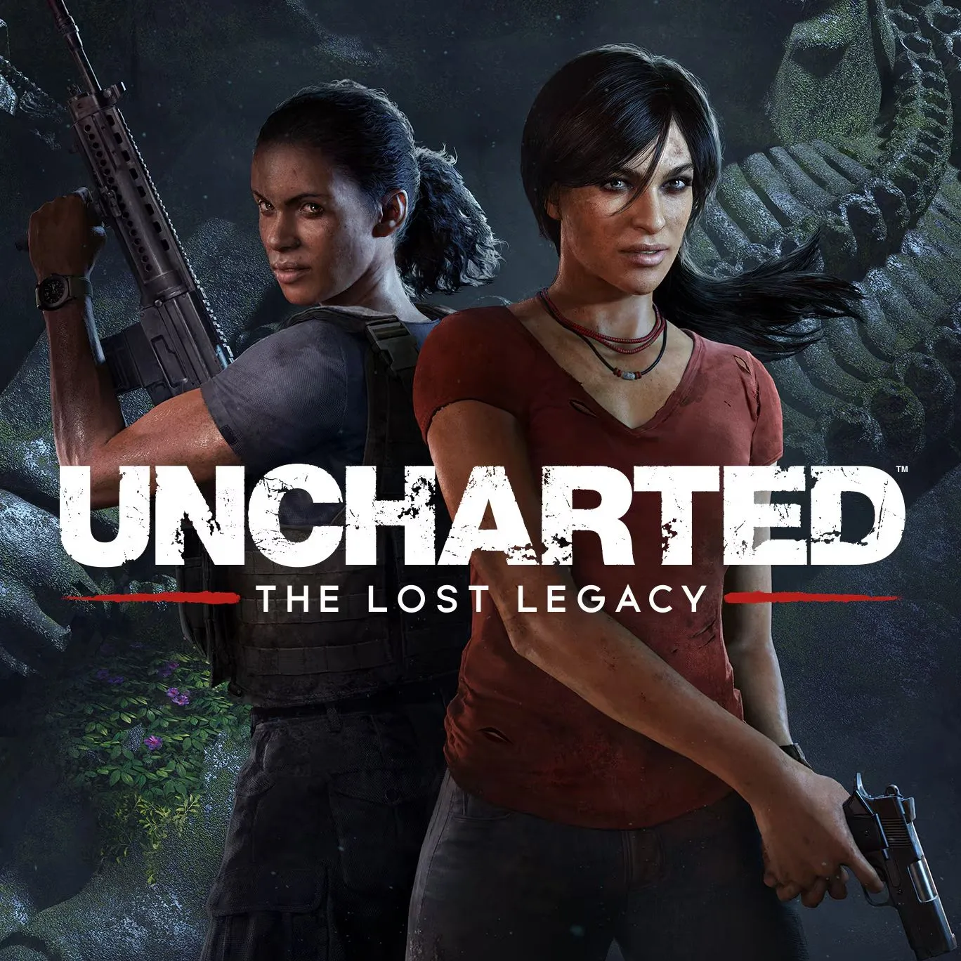Bìa game Uncharted: The Lost Legacy với hai nhân vật chính Chloe Frazer và Nadine Ross, bản mở rộng trở thành game độc lập của dòng Uncharted.