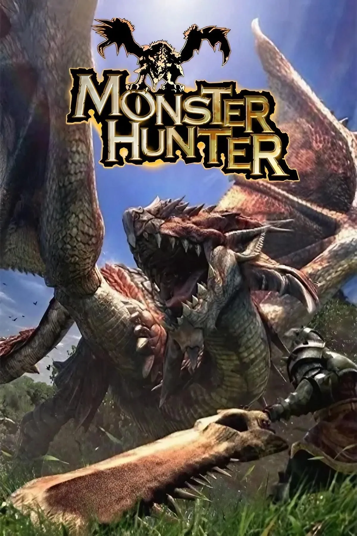 Bìa nghệ thuật game Monster Hunter đầu tiên, với thợ săn đối đầu quái vật
