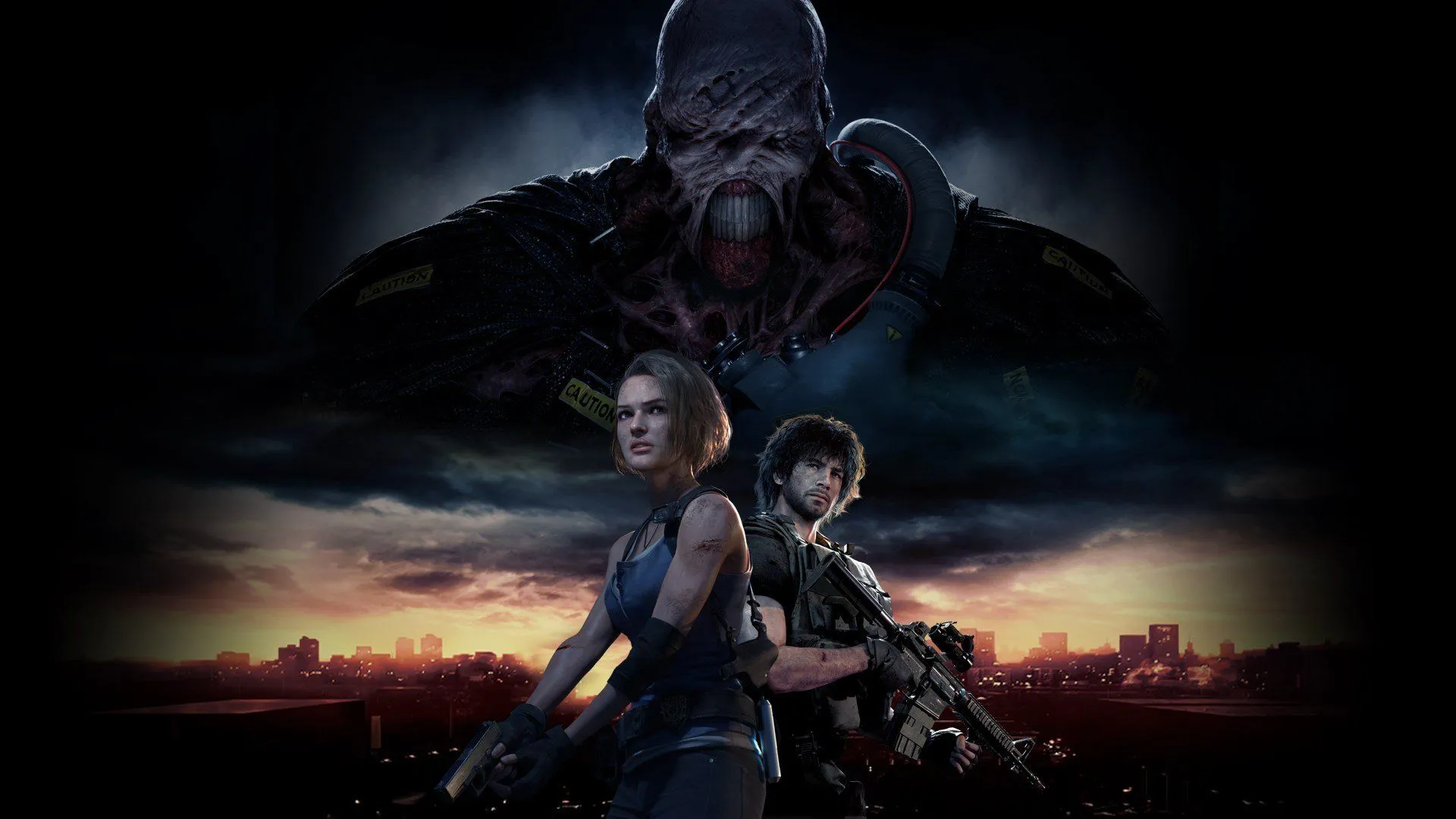 Bìa nghệ thuật game Resident Evil 3 Remake với quái vật Nemesis uy hiếp Jill Valentine và Carlos Oliveira