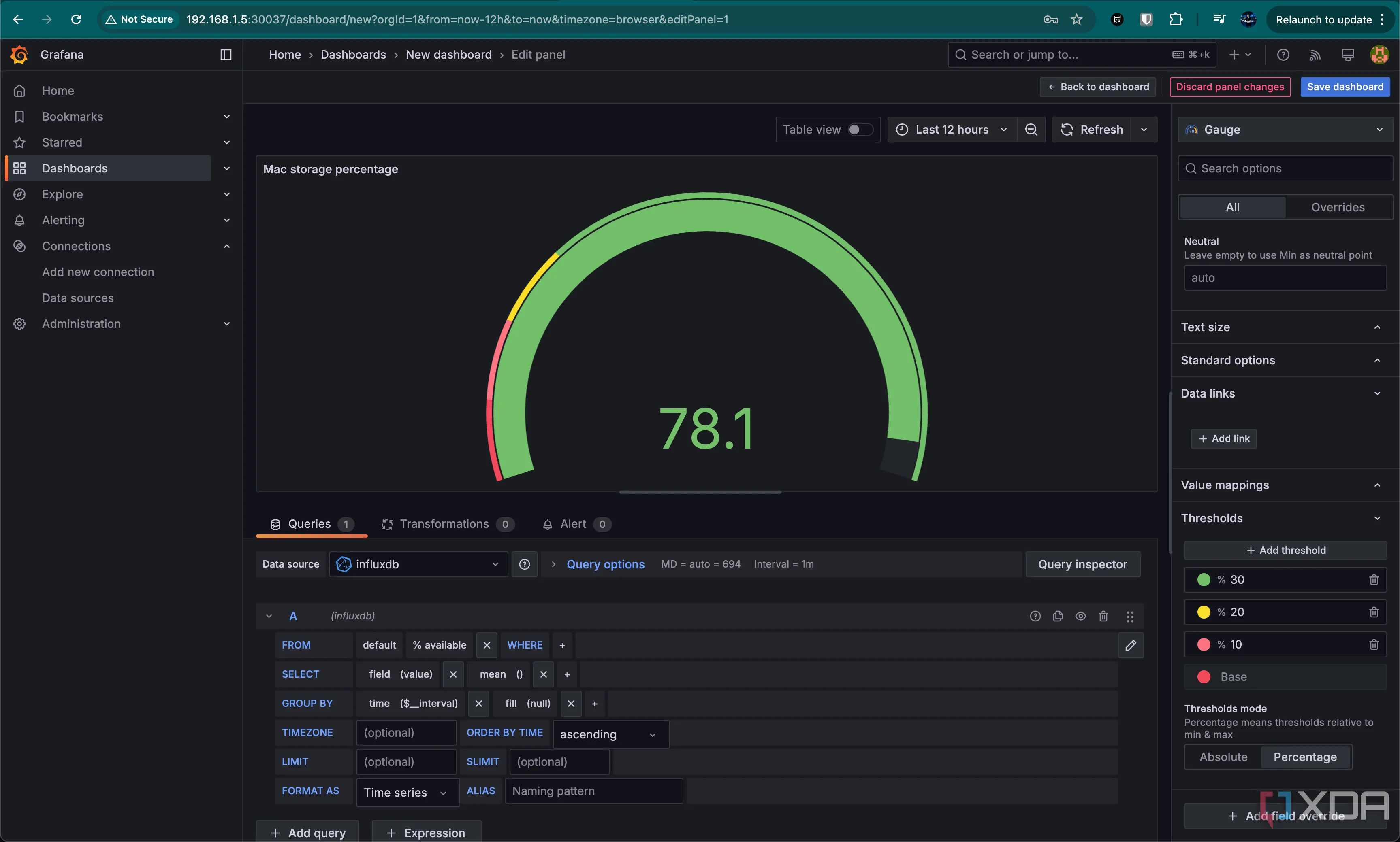 Biểu đồ Gauge hoàn chỉnh trong Grafana, hiển thị trực quan phần trăm lưu trữ của thiết bị, là một phần của dashboard giám sát nhà thông minh.