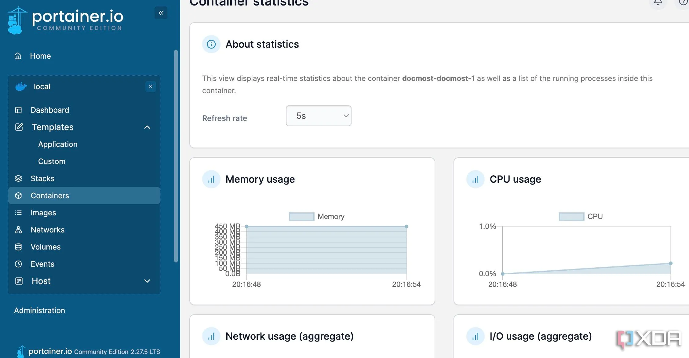 Biểu đồ giám sát tài nguyên CPU và RAM theo thời gian thực của container trên Portainer