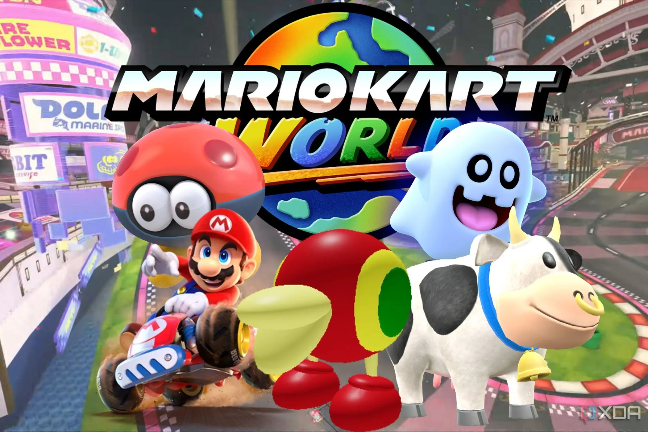 Biểu tượng Mario Kart World với các nhân vật không phổ biến