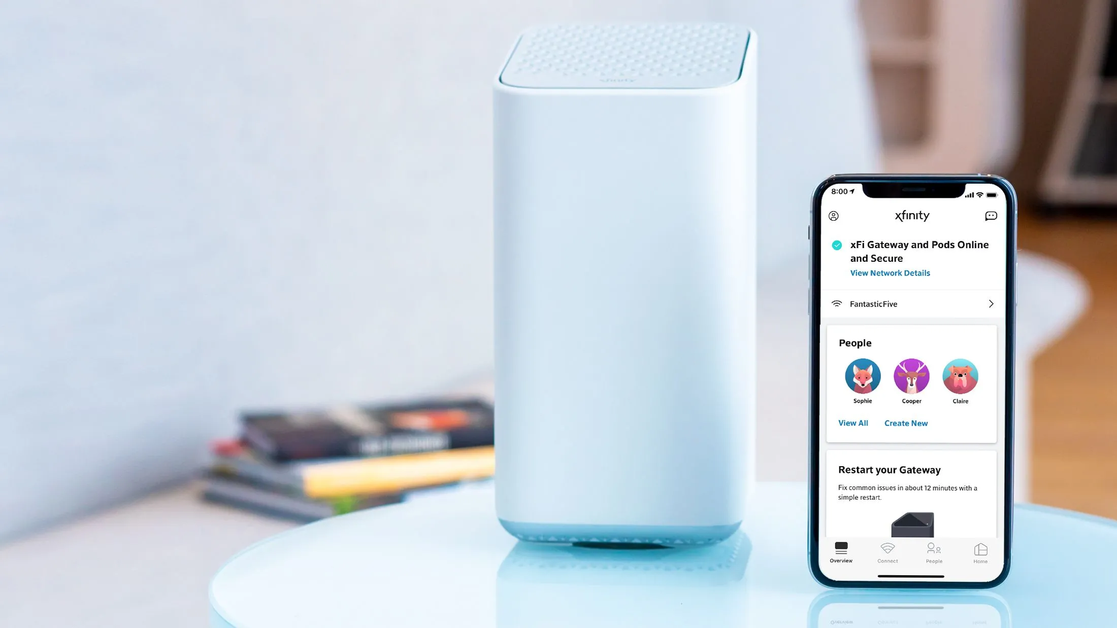Bộ định tuyến internet Xfinity XFi và giao diện điều khiển ứng dụng, thể hiện hạ tầng mạng của nhà cung cấp