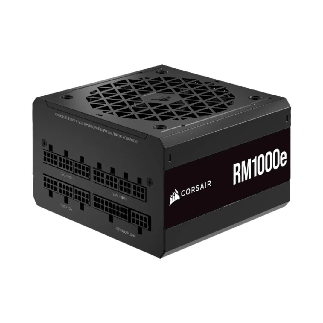 Bộ nguồn Corsair RM1000e chuẩn ATX 3.0 với các cổng kết nối.