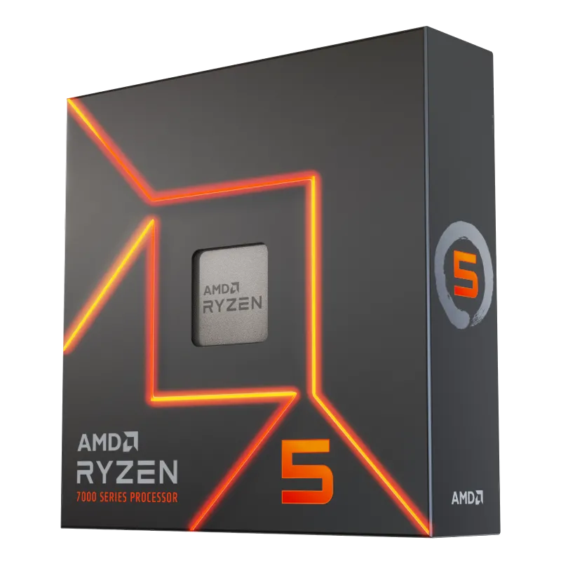 Bộ vi xử lý AMD Ryzen 5 7600 trên nền trong suốt, biểu tượng hiệu năng gaming