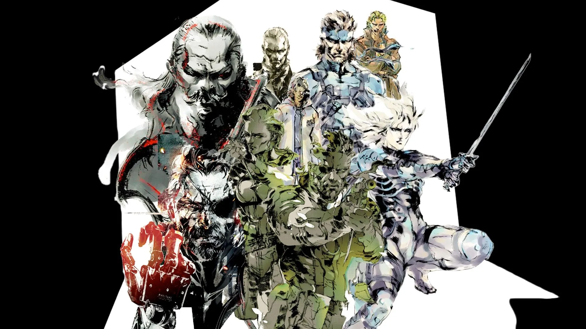 Bức tranh nghệ thuật Metal Gear Solid của họa sĩ Yoji Shinkawa, với các nhân vật biểu tượng như Big Boss, The Boss, Raiden, Solid Snake, Liquid Snake, Otacon, Ocelot và Venom Snake, tượng trưng cho di sản đồ sộ của series.