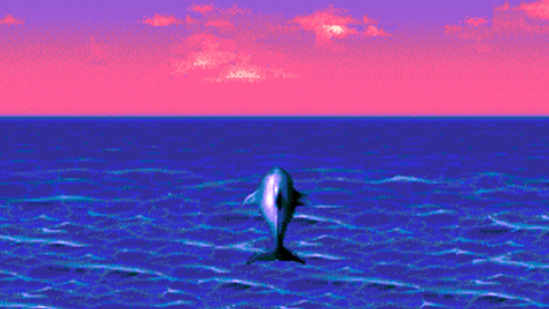 Cá heo Ecco nhìn ra cảnh hoàng hôn trên biển, thể hiện đồ họa đẹp mắt của game Ecco the Dolphin: Defender of the Future trên Sega Dreamcast.