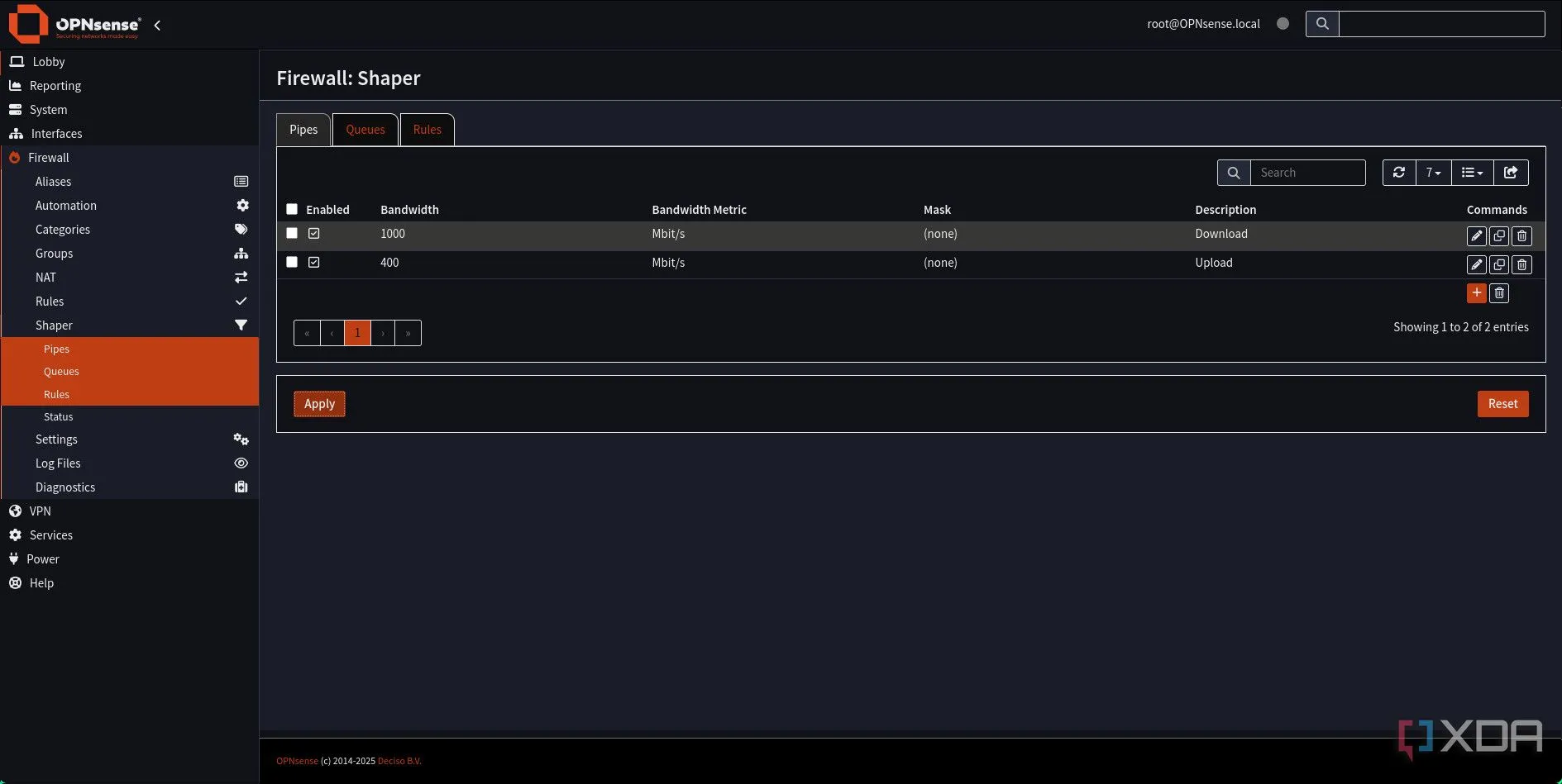 Các đường ống Traffic Shaping Download và Upload đã được thêm thành công vào cấu hình Traffic Shaping của OPNsense