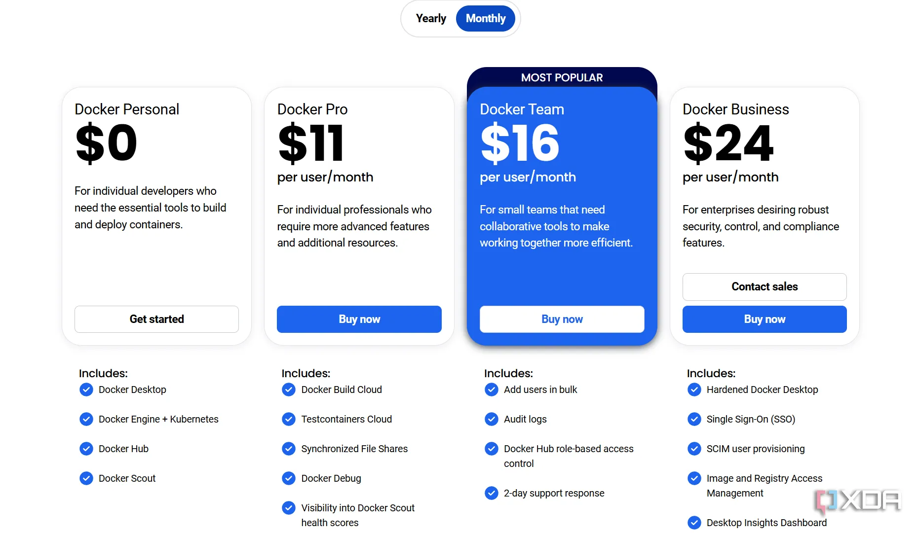 Các gói dịch vụ và giá của Docker, thể hiện rằng việc bắt đầu với Docker Desktop cho mục đích cá nhân thường không tốn chi phí ban đầu.