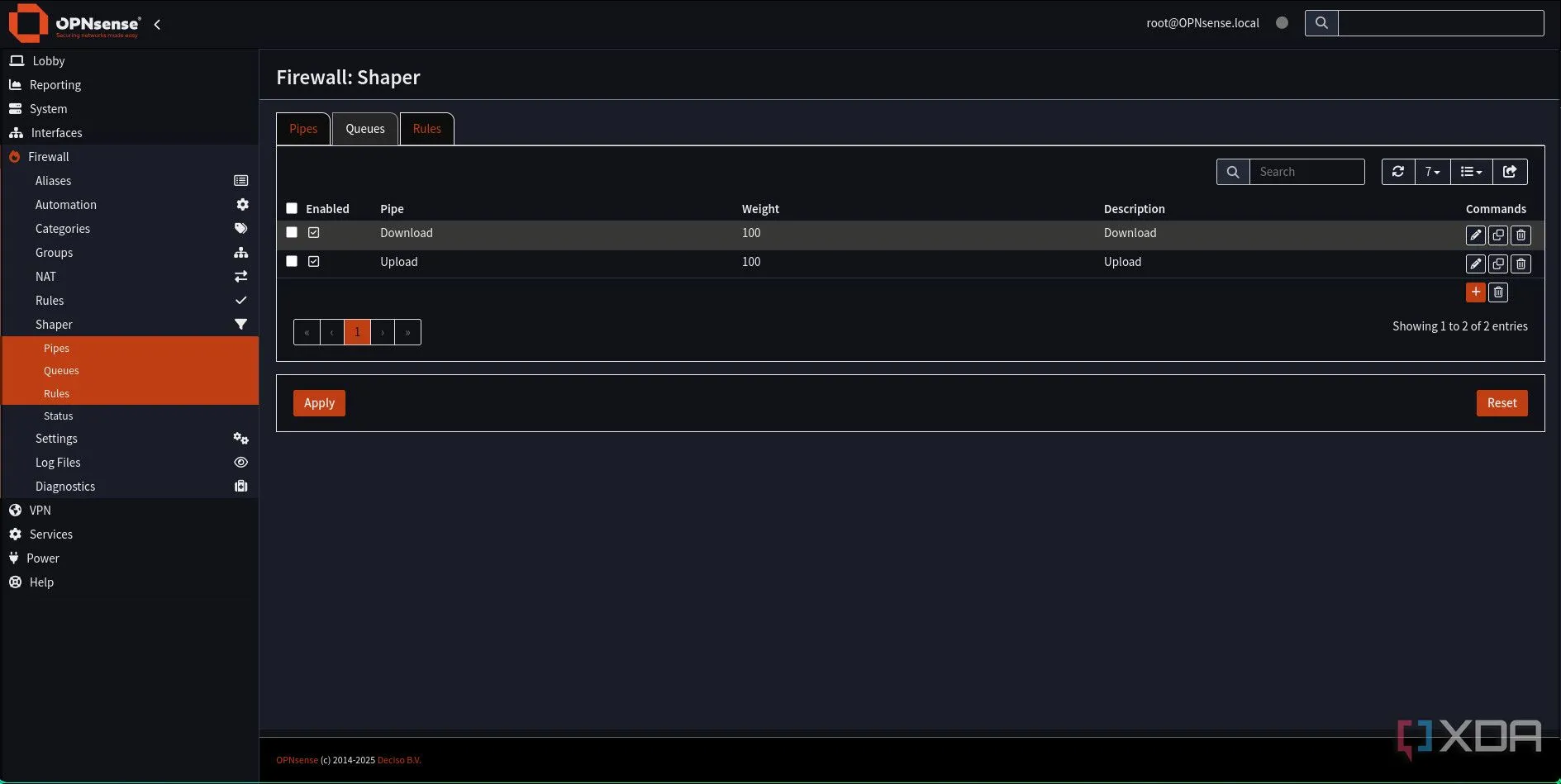 Các hàng đợi Traffic Shaping Download và Upload đã được thêm thành công vào cấu hình Traffic Shaping của OPNsense