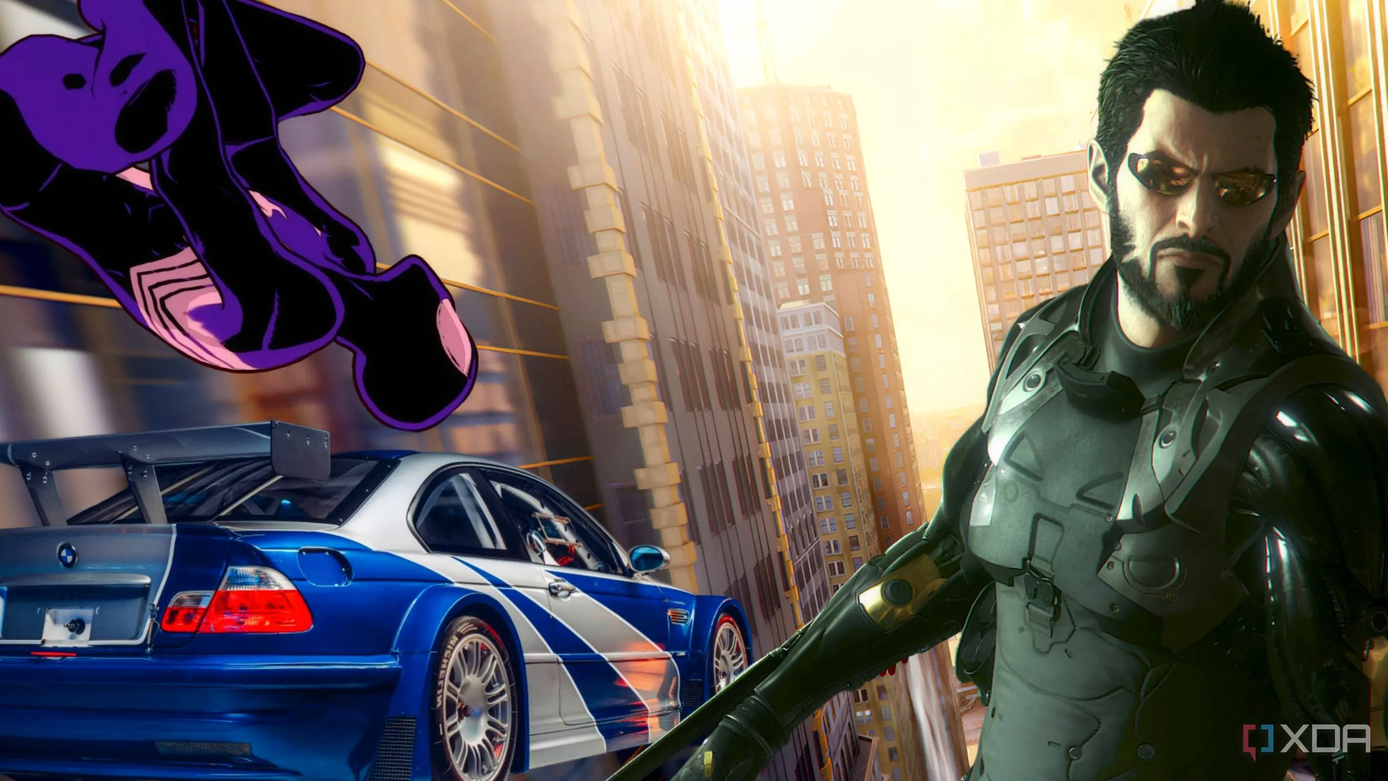 Các hình ảnh từ game Deus Ex với nhân vật Adam Jensen, BMW và Spider-Man màu tím, gợi nhớ về những tựa game bị hủy hoặc không có phần tiếp theo trọn vẹn