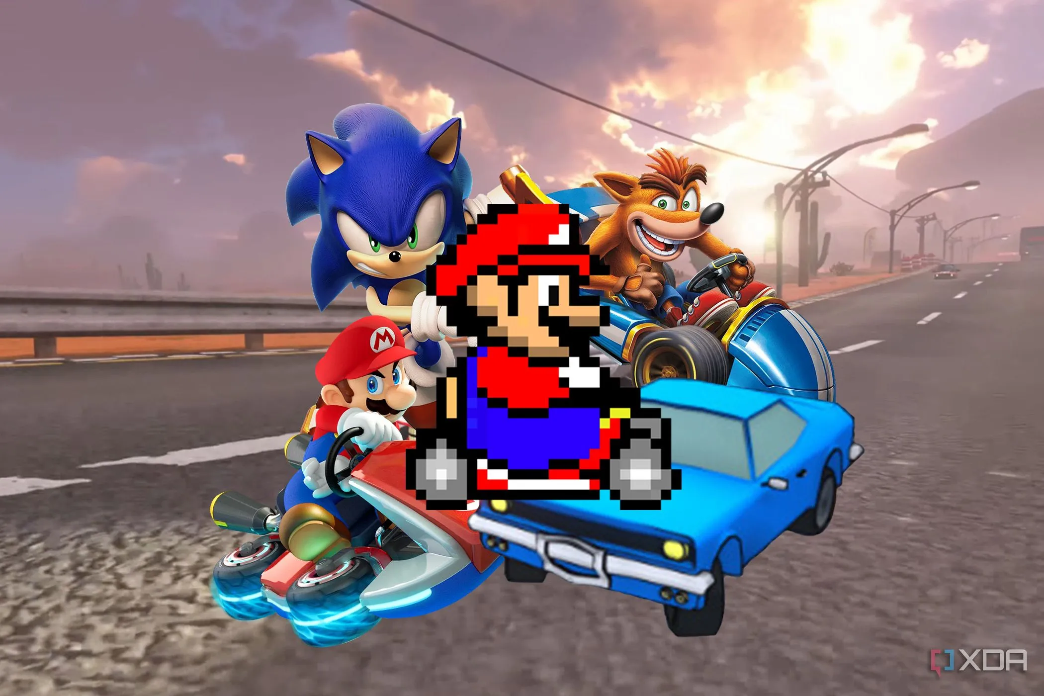 Các nhân vật Sonic, Mario, Crash và Flex Riders trên đường đua Mario Kart World, minh họa các lựa chọn thay thế cho game đua xe