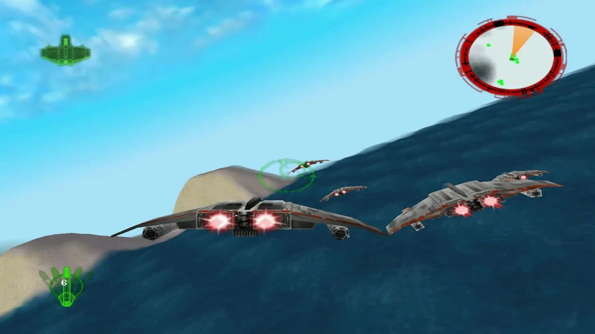 Các phi thuyền V-Wing của phe Rebel tấn công trong một nhiệm vụ của game Star Wars: Rogue Squadron trên N64