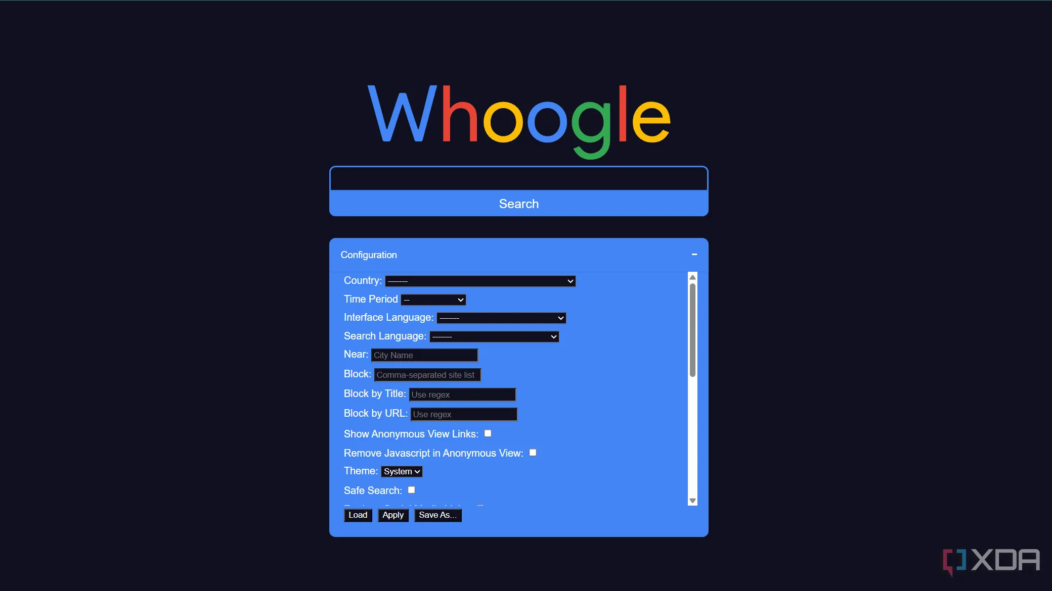 Các tùy chọn cấu hình của Whoogle, cho phép cá nhân hóa trải nghiệm tìm kiếm riêng tư